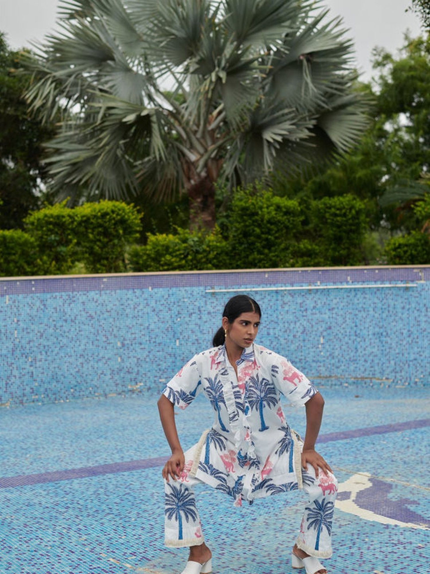 Khajoor Studio White & Blue Sundaze Khajoor Pink Panther Shirt Shirt & Pant Co-ord Set