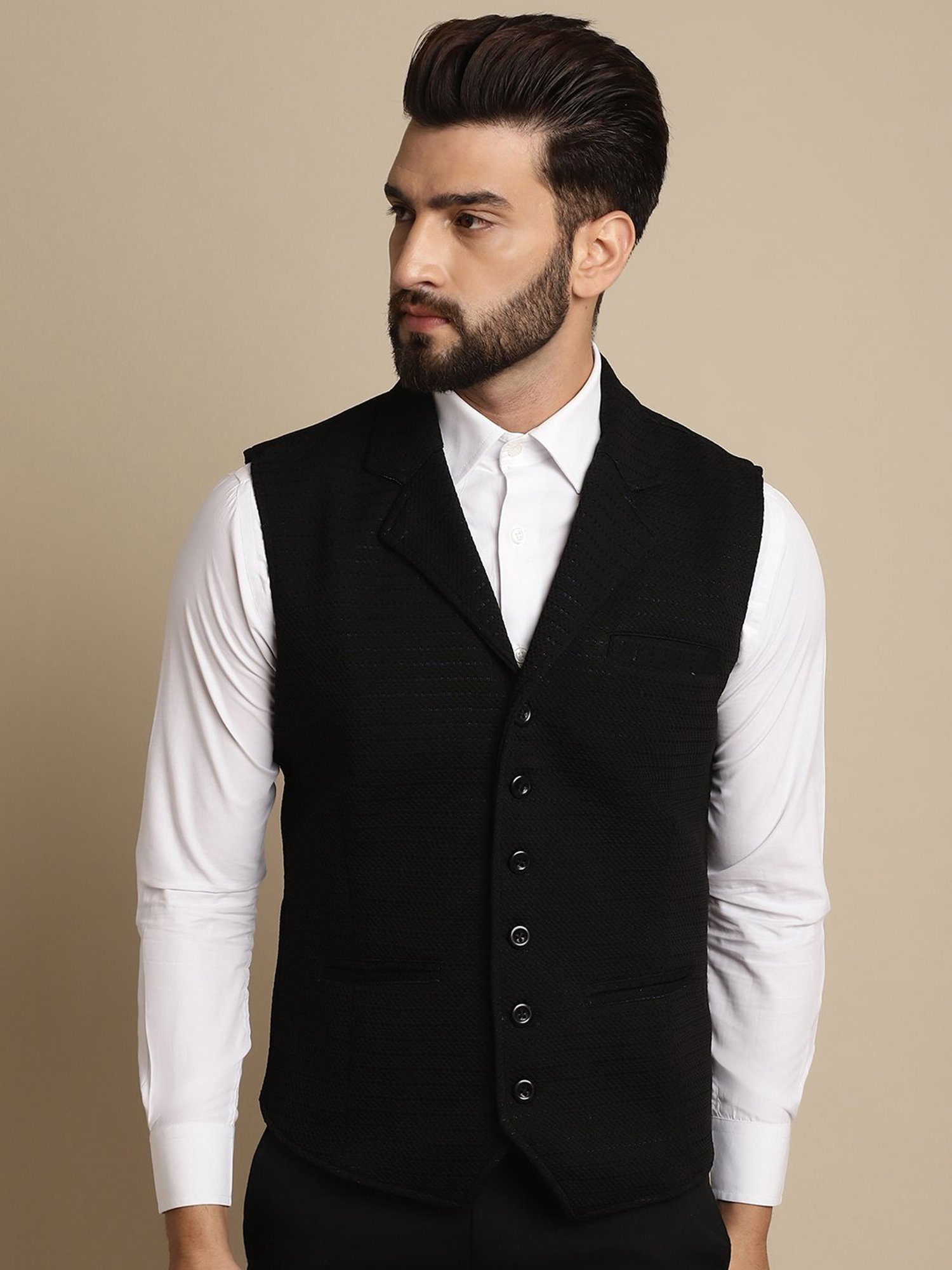 Even Black Regular Fit Self Design Notch Lapel Waistcoat