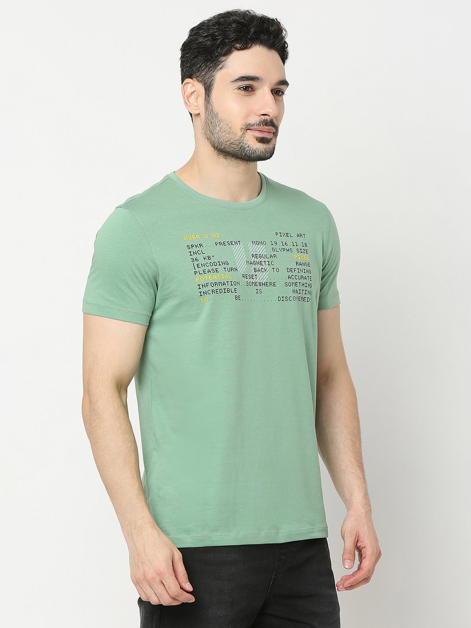 UnderJeans by Spykar Green Regular Fit Printed Cotton Crew T-Shirt