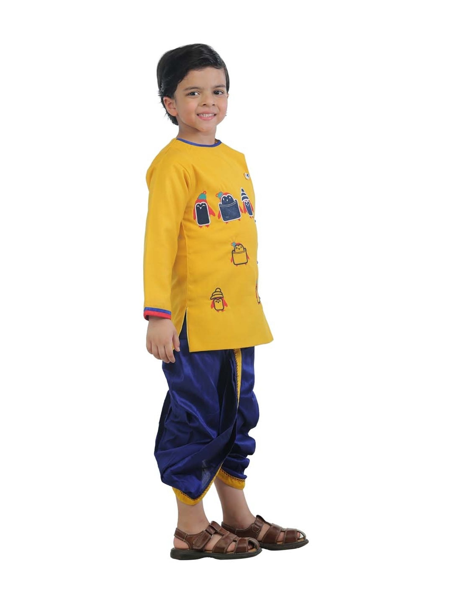 Ahhaaaa Kids Yellow & Blue Cotton Embroidered Kurta Set