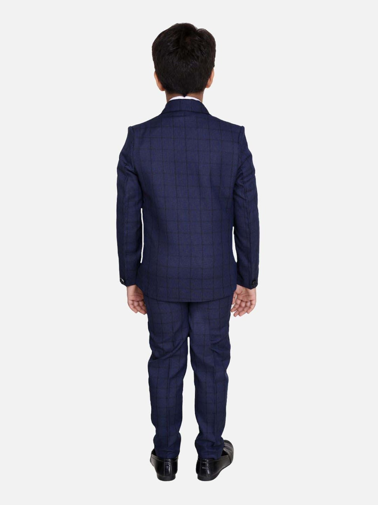 Fourfolds Boys Darkblue Checks Full Sleeves Suit Set