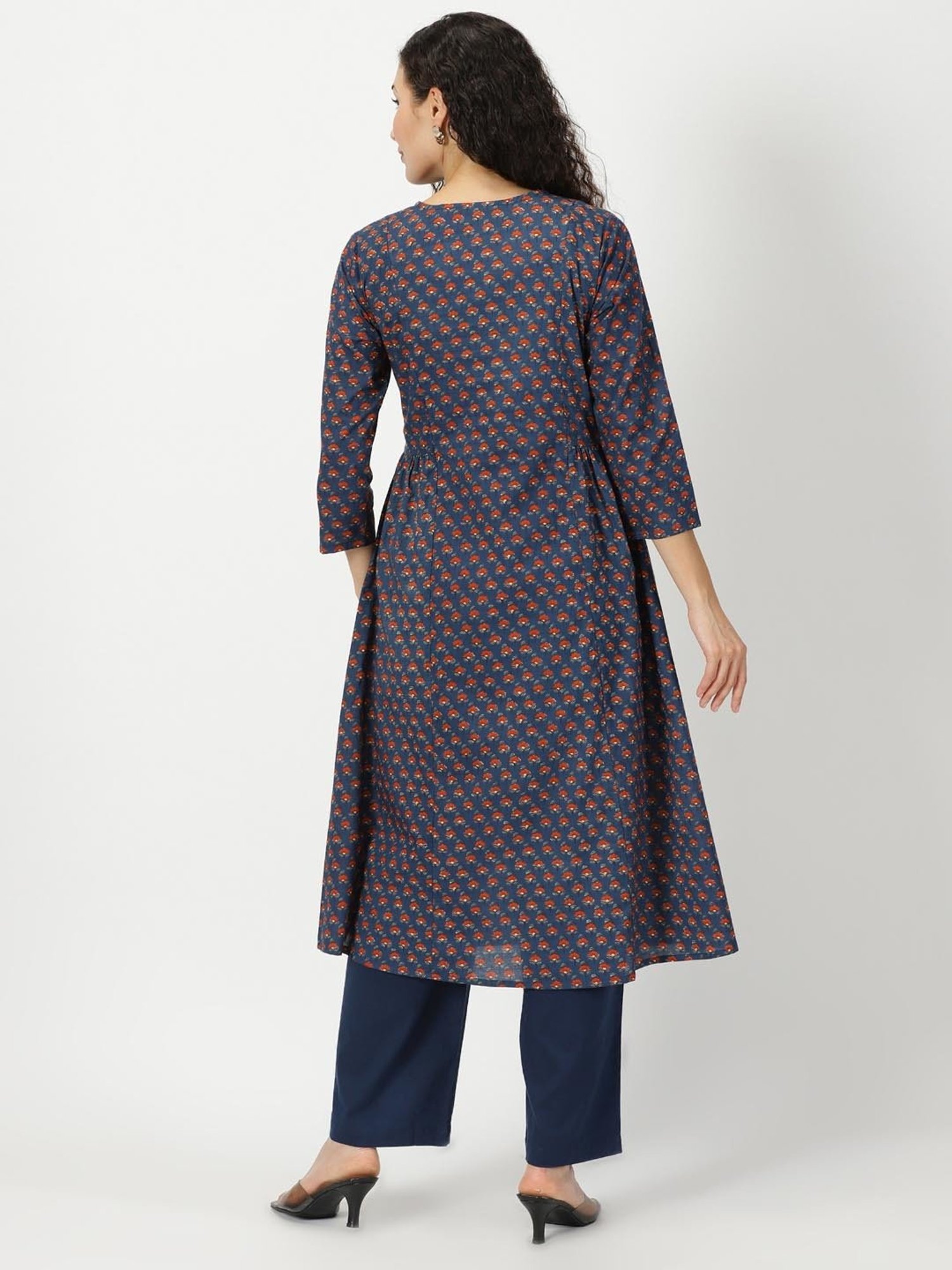 Saffron Threads Blue Cotton Floral Print A Line Kurta