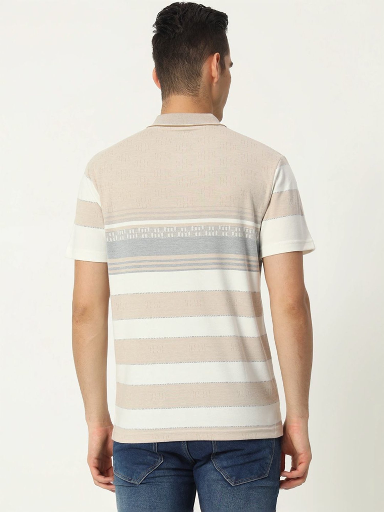 Tab91 Beige Regular Fit Striped Polo T-Shirts