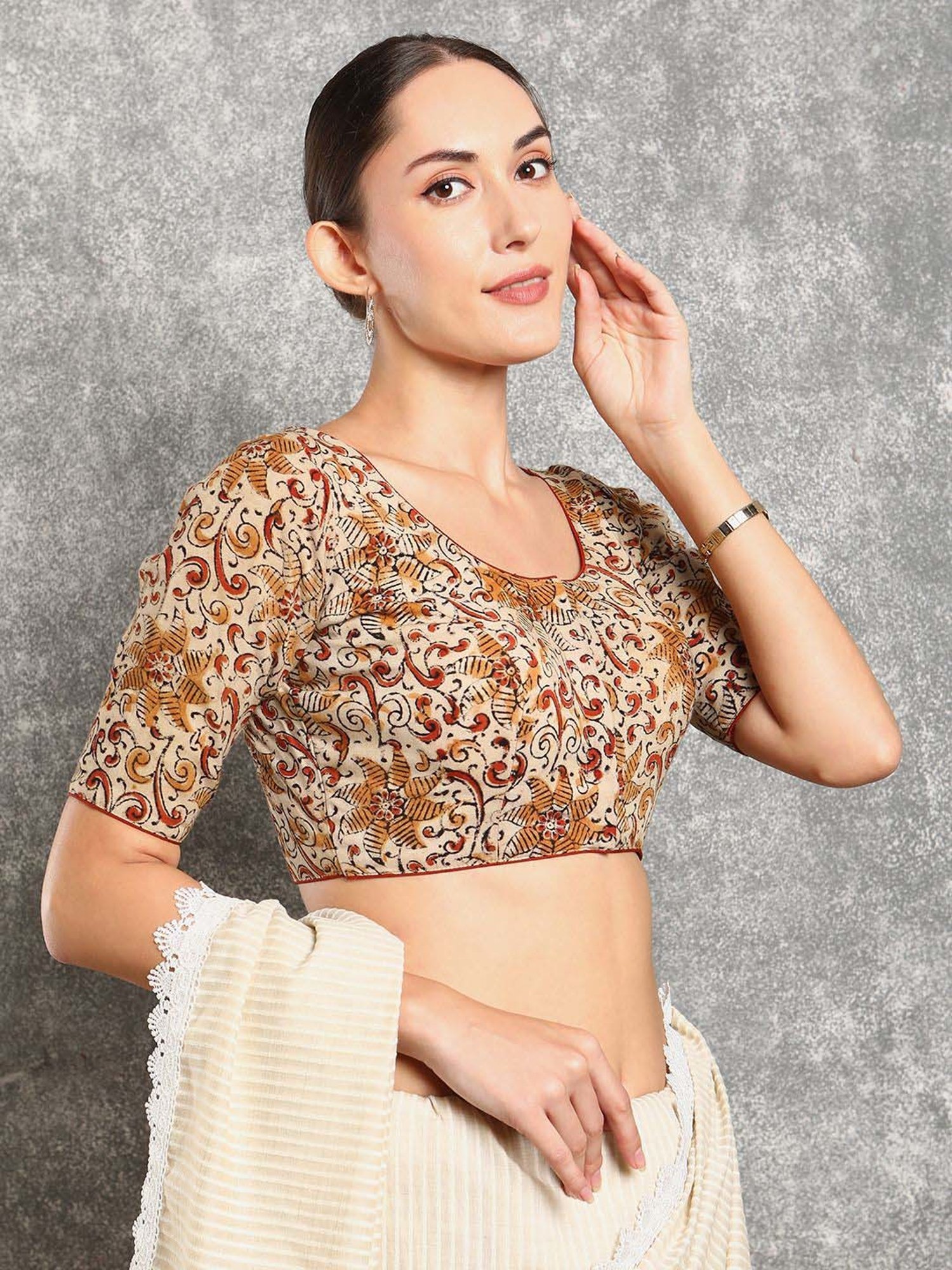 Salwar Studio Beige Cotton Printed Blouse