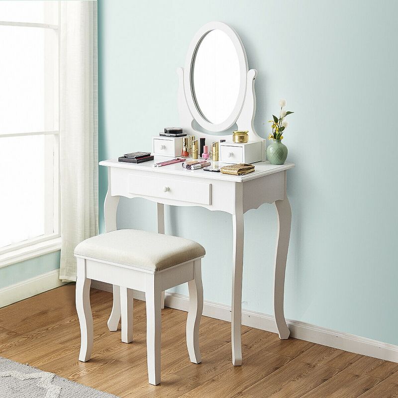 Costway White Vanity Table Jewelry Makeup Desk Bench Dresser Stool 3 Drawers
