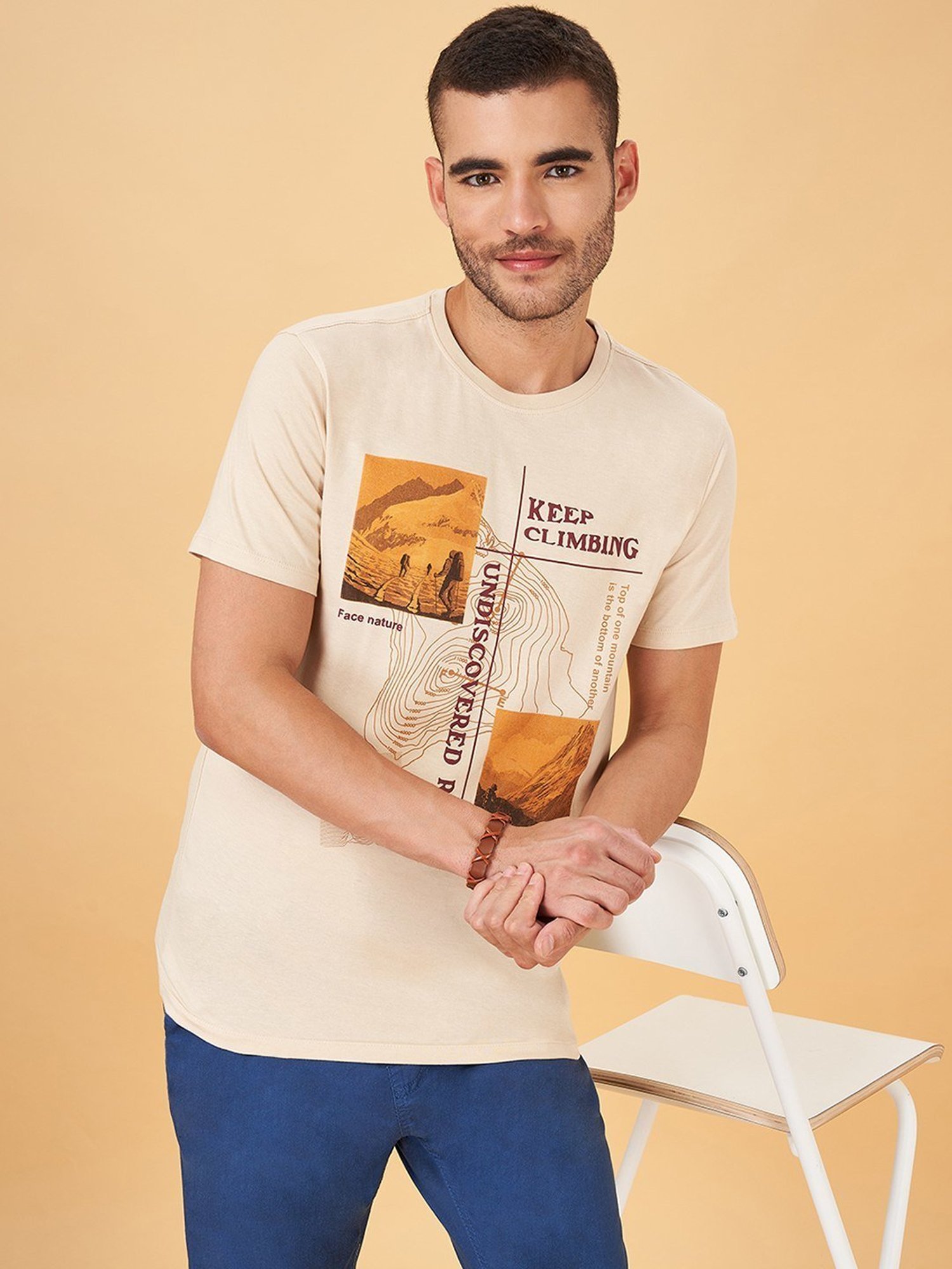 Urban Ranger by Pantaloons Beige Cotton Slim Fit Printed T-Shirt