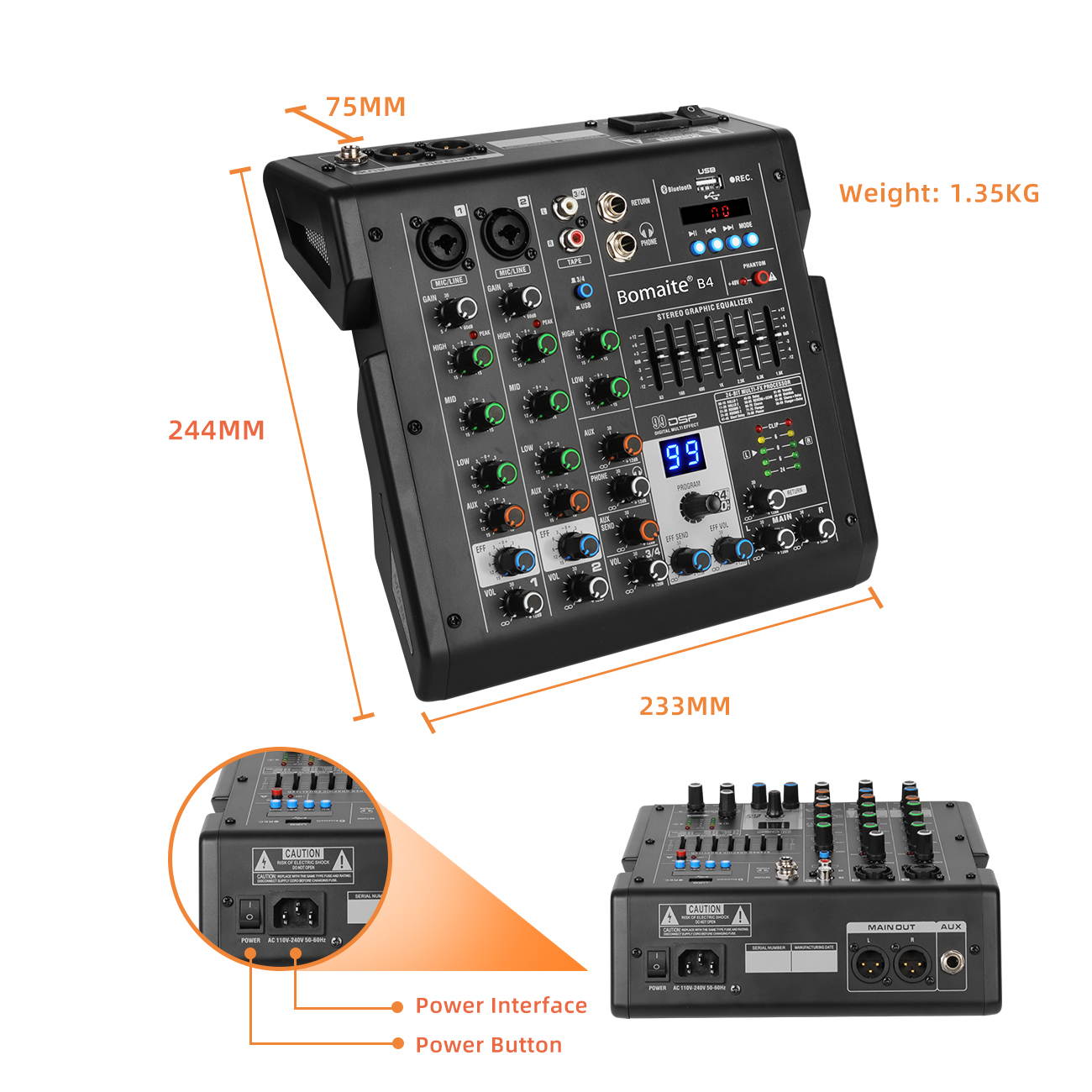 Bomaite B4 Portable 4-Channel Mixing Console Mixer 7-band EQ Built-in 48V Phantom Power Supports BT Connection USB MP3 Player for Computer Recording, Bands
