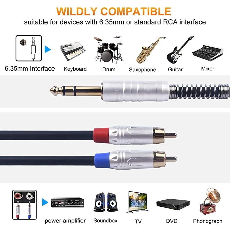 RCA to 1/4 Insert Cable, 1/4 inch (6.35mm) TRS Male to Dual RCA Audio Y Splitter Cable, Double Phono to Quarter inch Stereo Male Adapter Connector Wire Cord Plug Jack 6 Feet