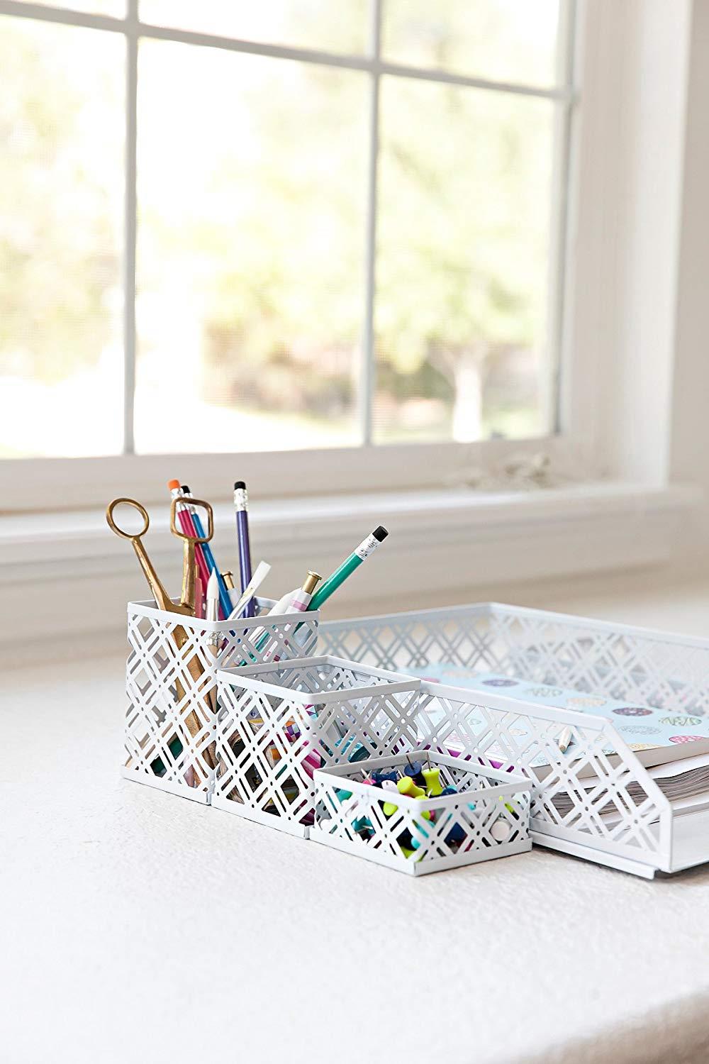 Blu Monaco White Desk Organizer - 5 Piece Interlocking Desk Accessories Set - Paper - Document Tray, Pen Cup, 3 Assorted Accessory Trays