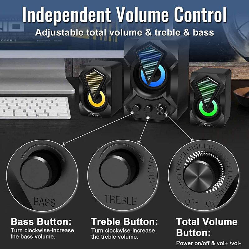 Computer Speaker with Subwoofer,  USB-Powered 2.1 Stereo Multimedia Speakers System with RGB LED Light 3.5mm Audio Input Great for Music,Movies,Gaming,PC,Laptop,Tablet,Desktop