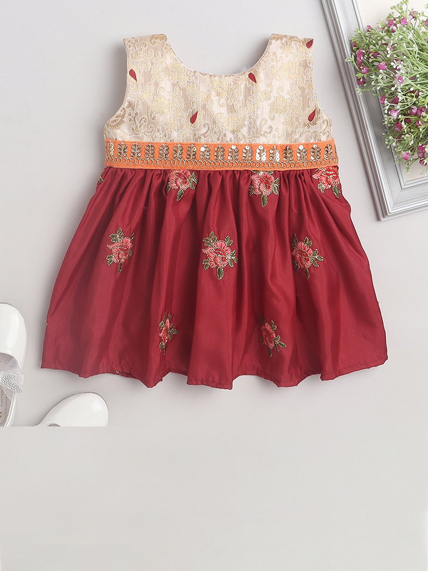 Many Frocks Kids Gold & Maroon Embroidered Dress