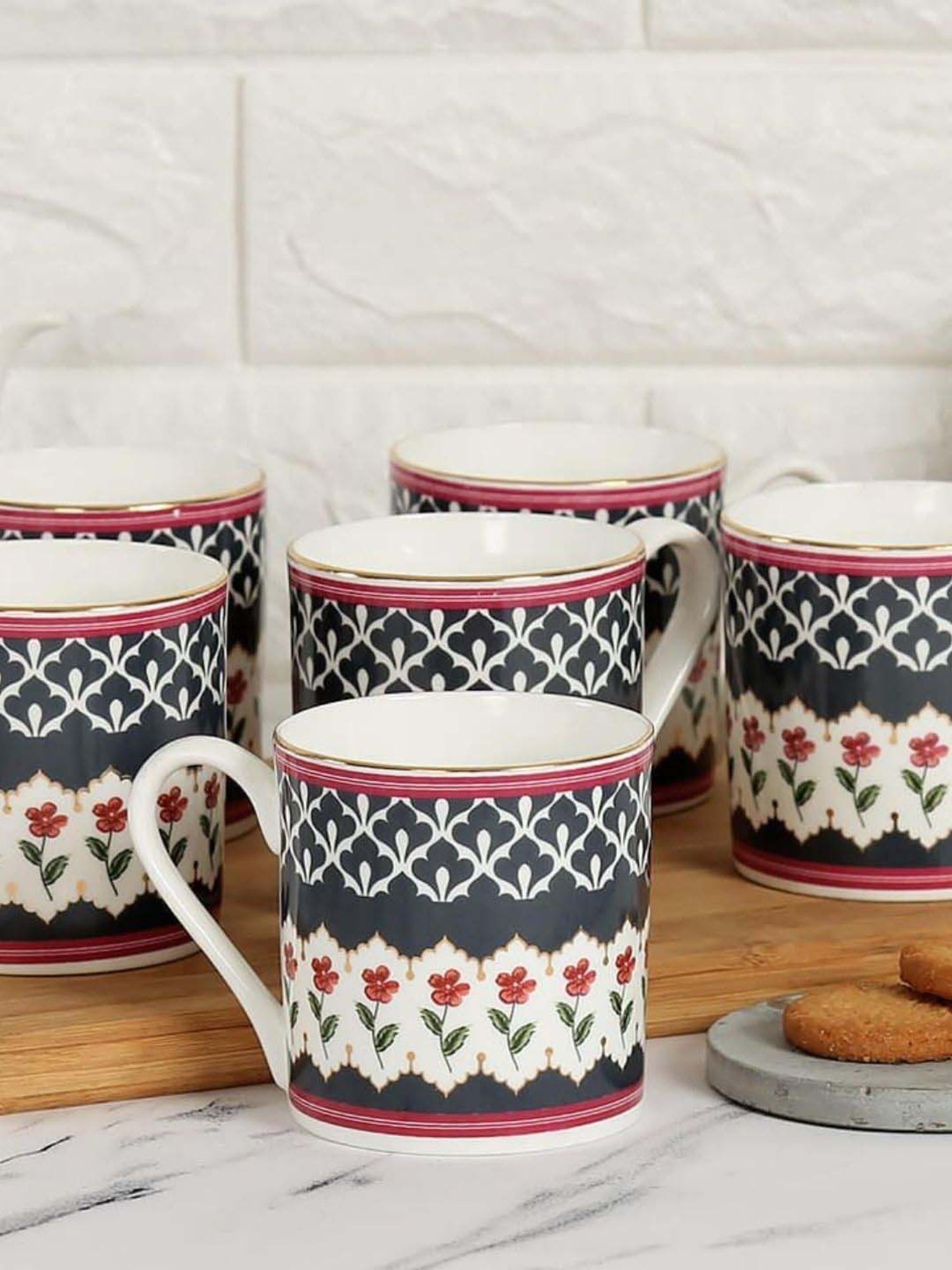 India Circus Black & White Ceramic 10 cm Coffe Mug (0.22 L) - Set of 6