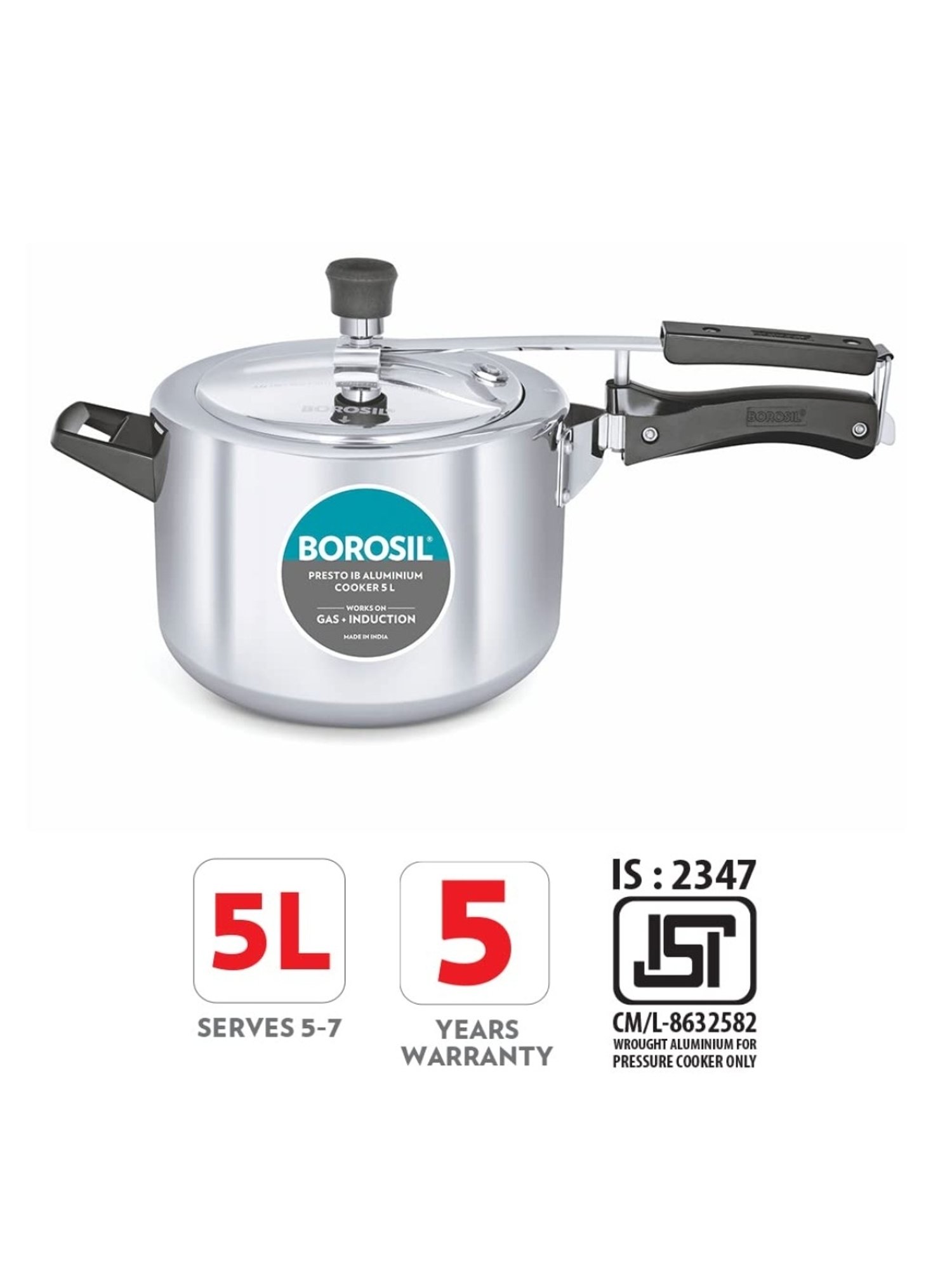 Borosil Silver Aluminium Pressure Cooker (5 L)