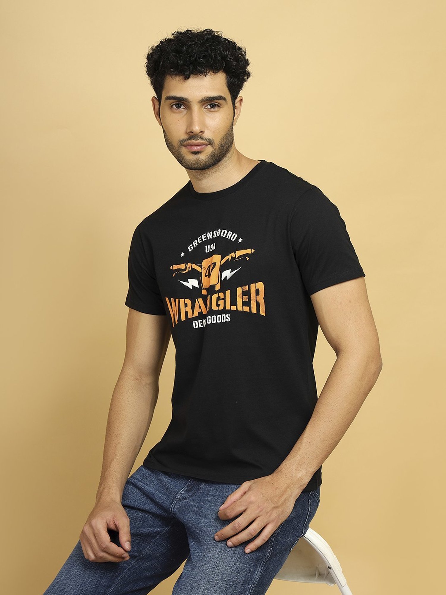 Wrangler Jet Black Cotton Regular Fit Printed T-Shirt