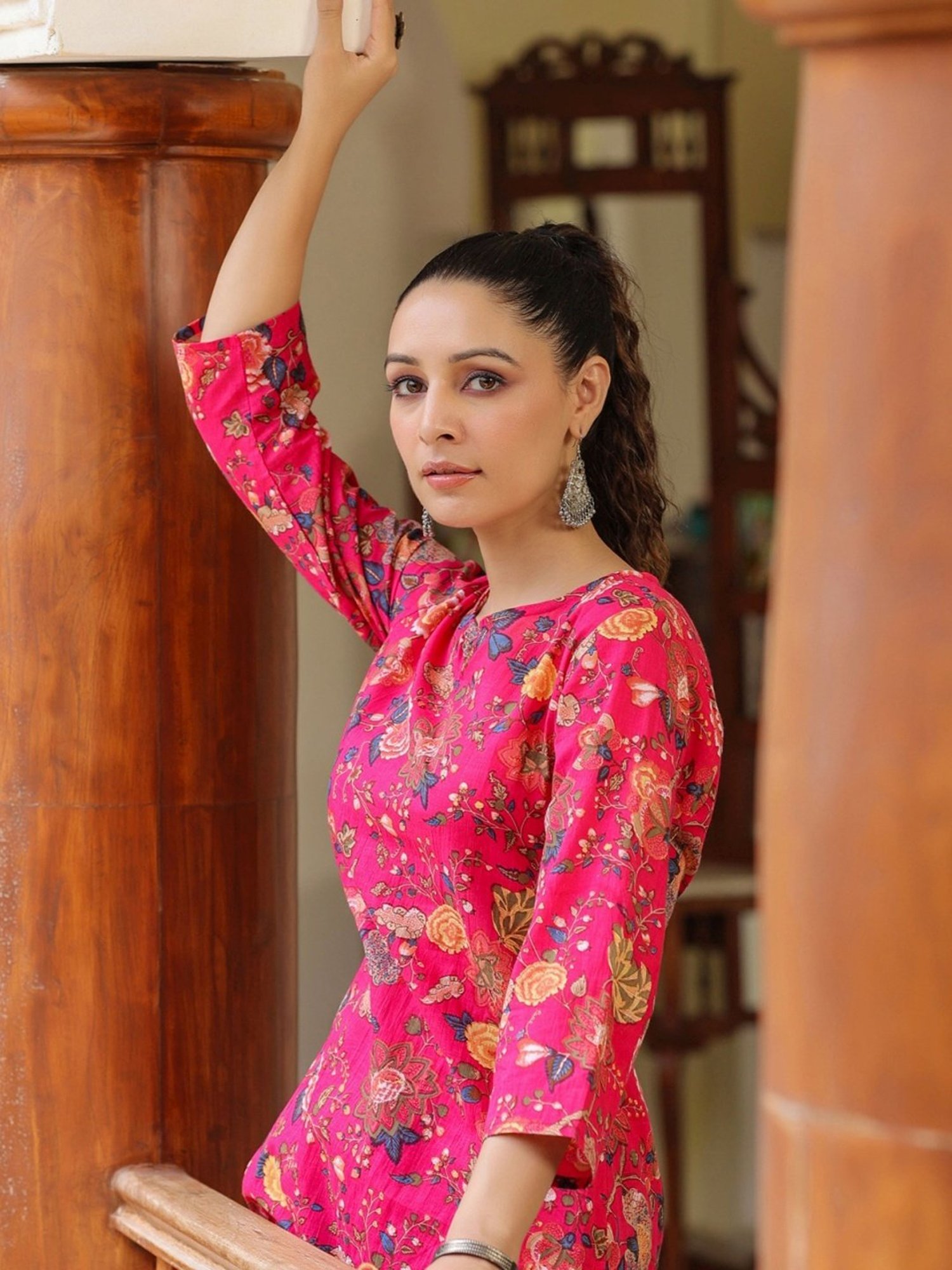 Rain and Rainbow Fuchsia Pink Cotton Floral Print Kurta Pant Set