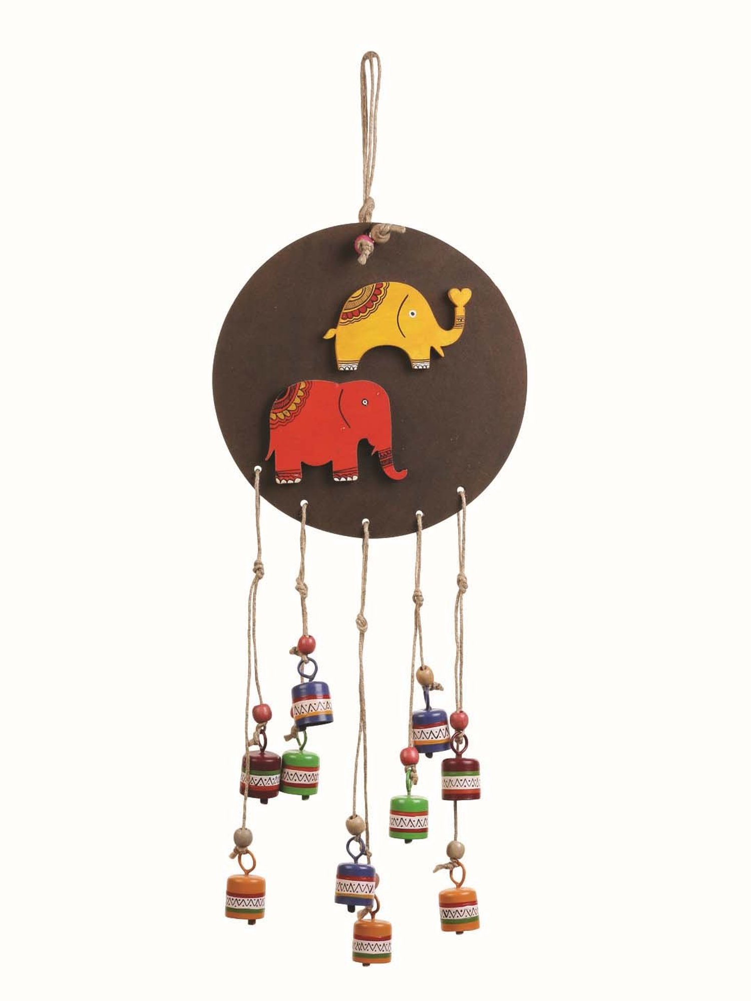 VarEesha Multicolor Wood Elephant on Circle Tinkle Bells Windchime - Set of 1