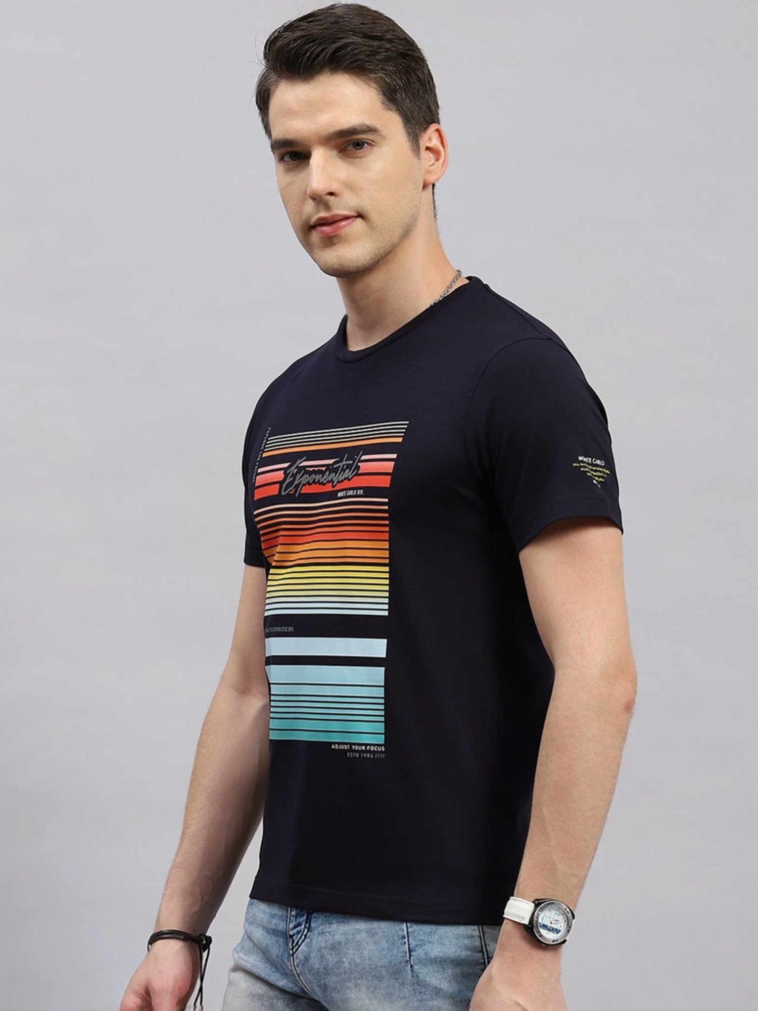 Monte Carlo Navy Blue Regular Fit Printed T-Shirt
