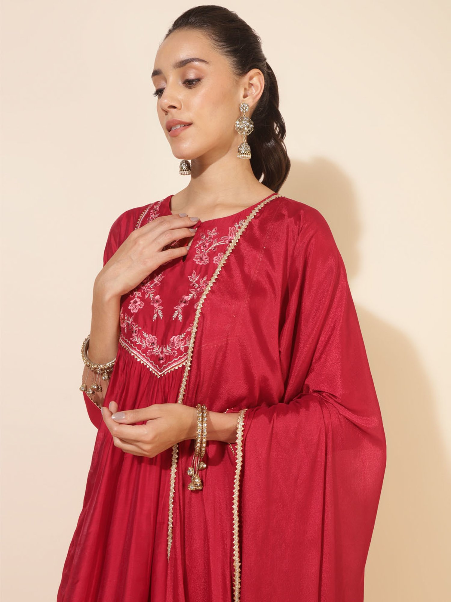 Janasya Red Chanderi Embellished Kurta With Palazzo & Dupatta