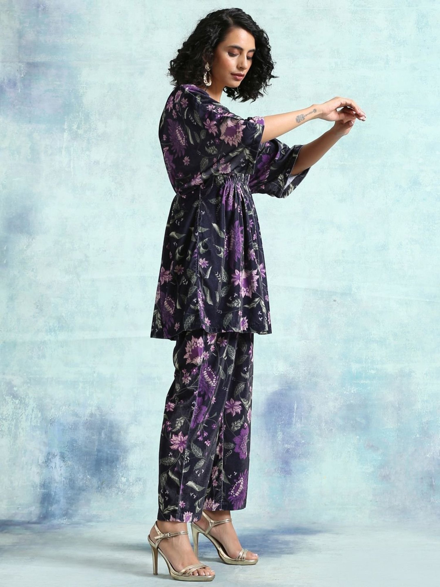 true Browns Black Printed Velvet Co-Ord set