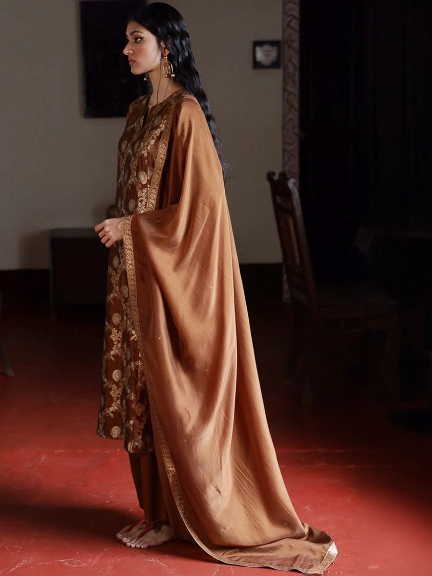 Ganga Fashions Argan Oil Brown Woven Silk Kurta with Salwar and Dupatta