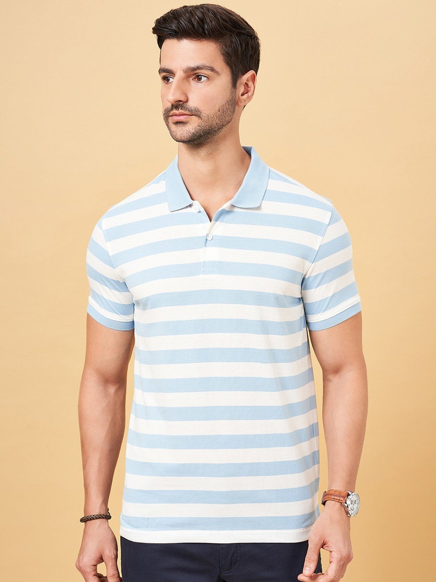 Byford by Pantaloons Blue Slim Fit Striped Polo T-Shirt
