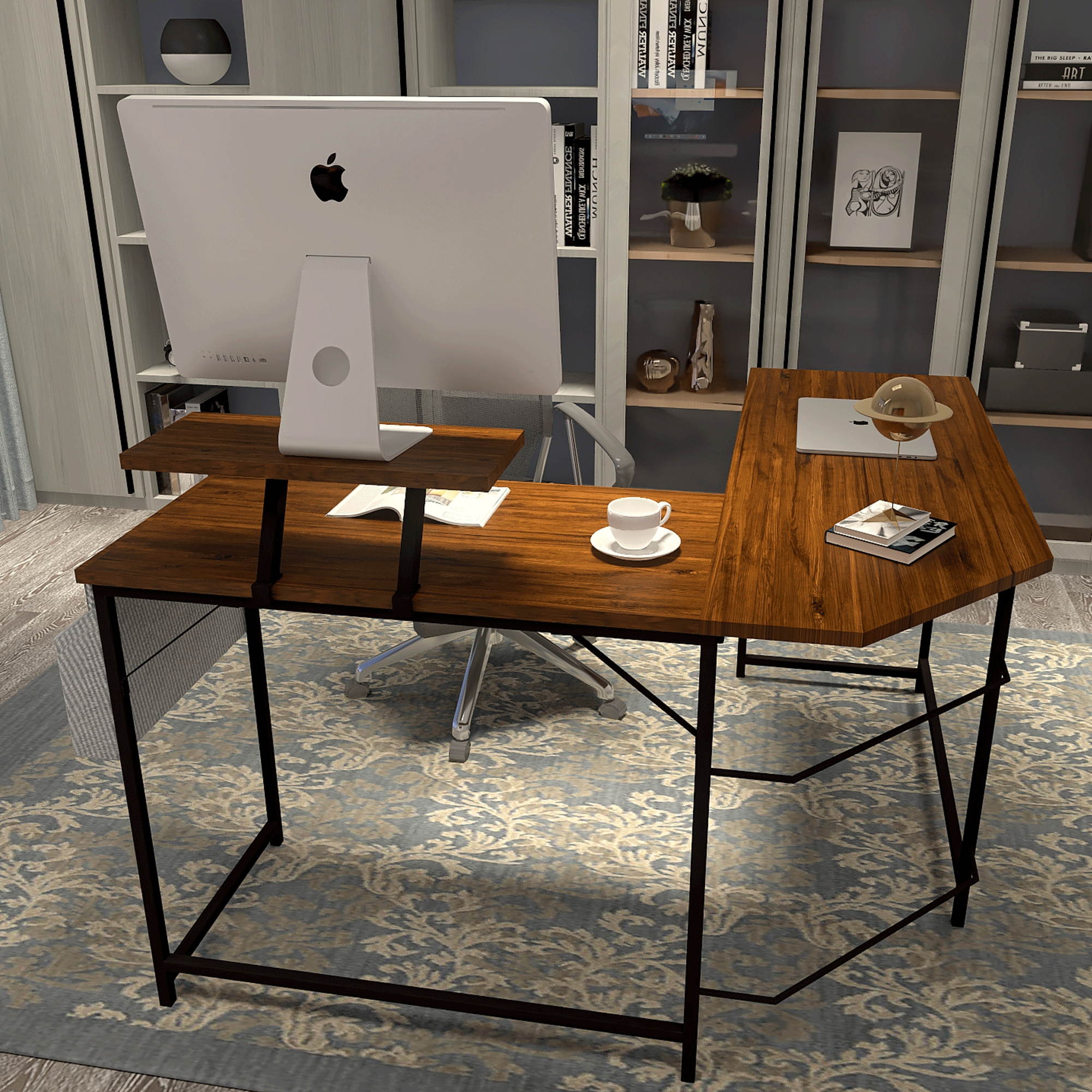 66" L Shape Desk Computer Desk Study Writing Table Home Office Desk Gaming Desk with Bag Hook and Cloth Drawer Storage Bag,Wood & Metal Pella Oak