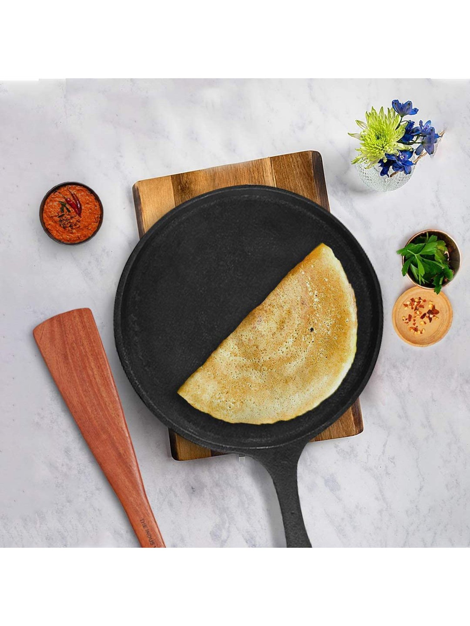 The Indus Valley Pre Seasoned Black Cast Iron Tawa with Neem Wood Compact Flipper - Set of 1