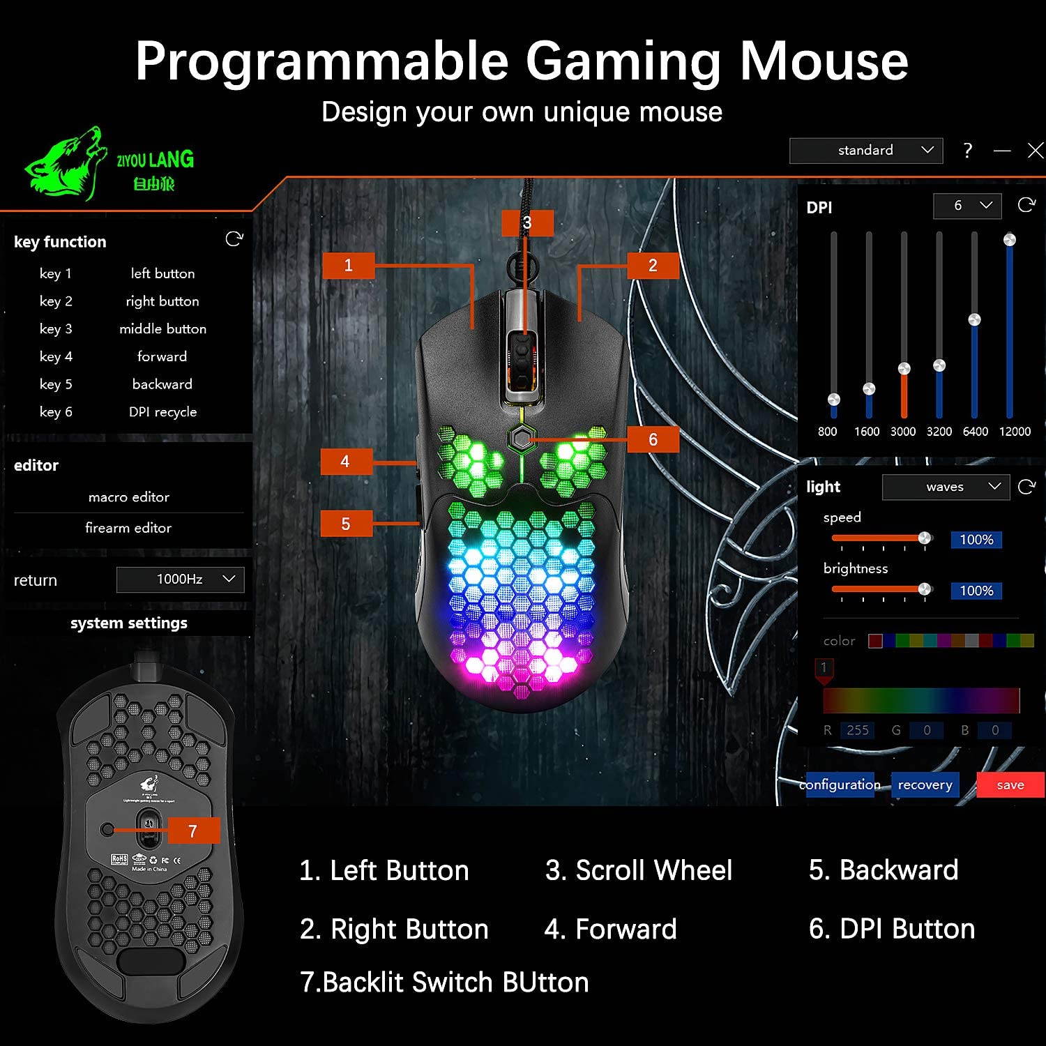 Wired Lightweight Gaming Mouse,26 RGB Backlit Mice with 7 Buttons Programmable Driver,PAW3325 12000DPI Mice,Ultralight Honeycomb Shell Ultraweave Cable Mouse for PC Gamers and Xbox and PS4 Users