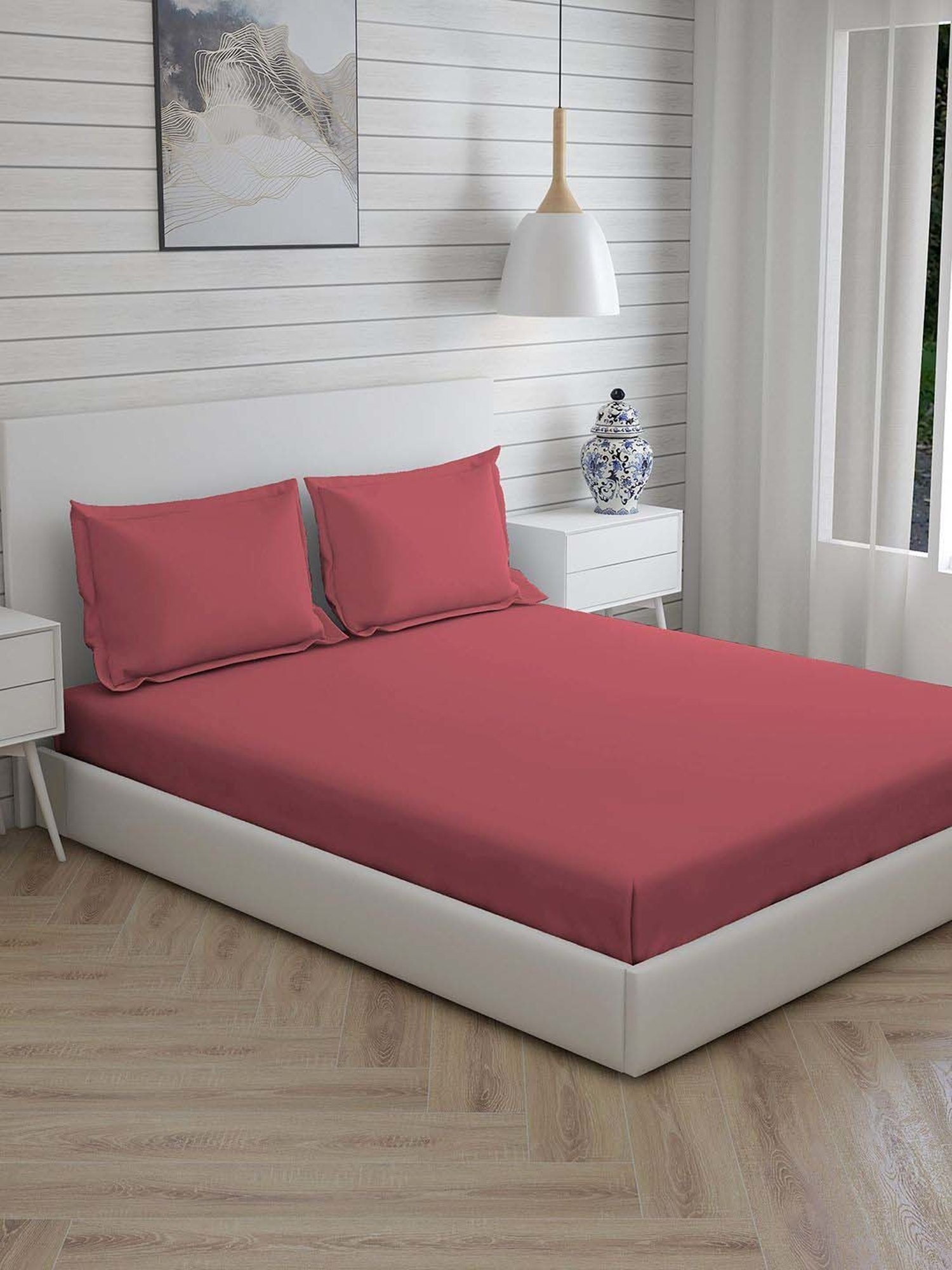 Boutique Living Kalpavriksha Red Bamboo Cotton 300 TC King Size Bed Sheet with Pillow Cover