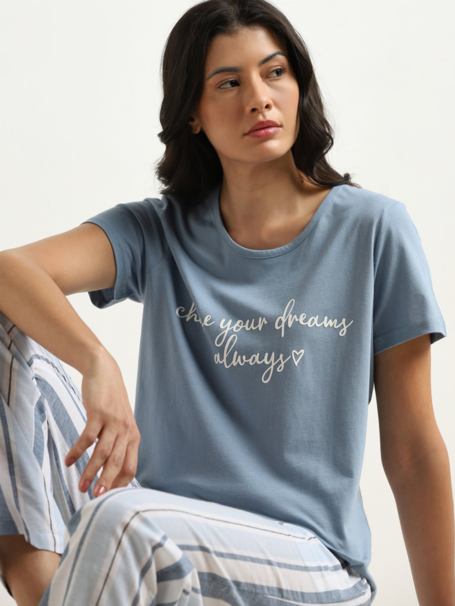 Wunderlove by Westside Dusty Blue Text Printed Cotton T-Shirt