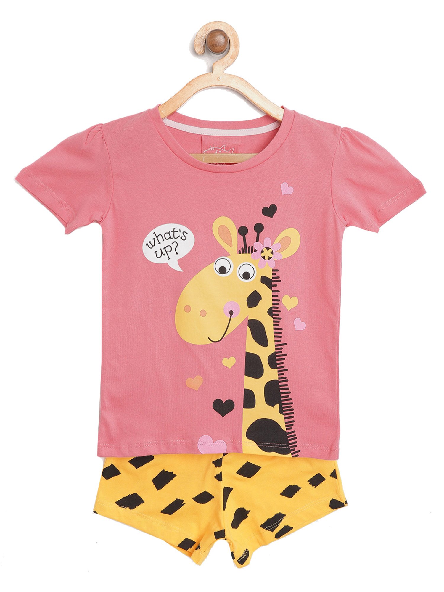 Lazy Shark Kids Peach & Yellow Printed  Top with  Shorts