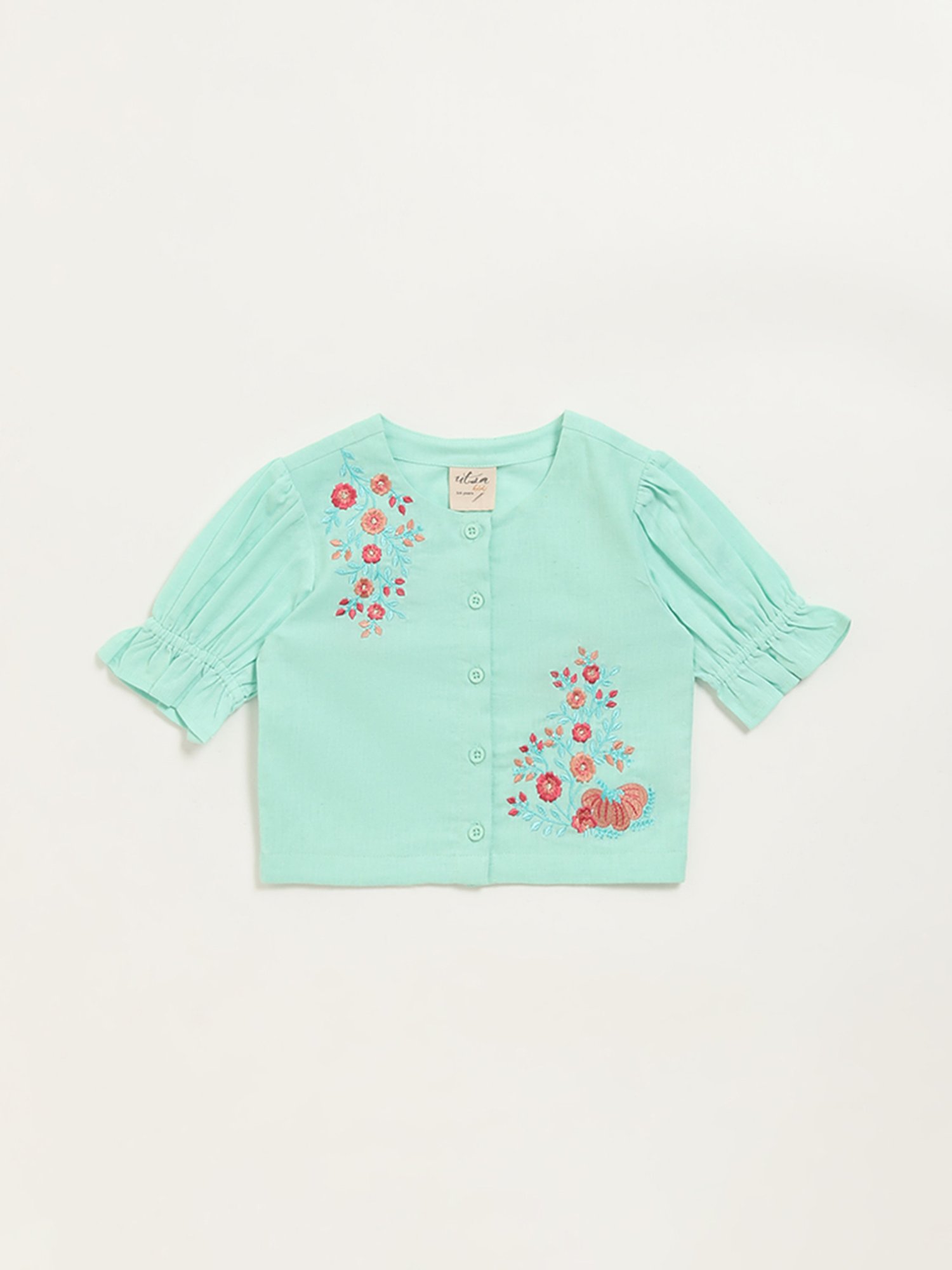 Utsa Kids by Westside Blue Button-Up Floral Cotton Blend Top