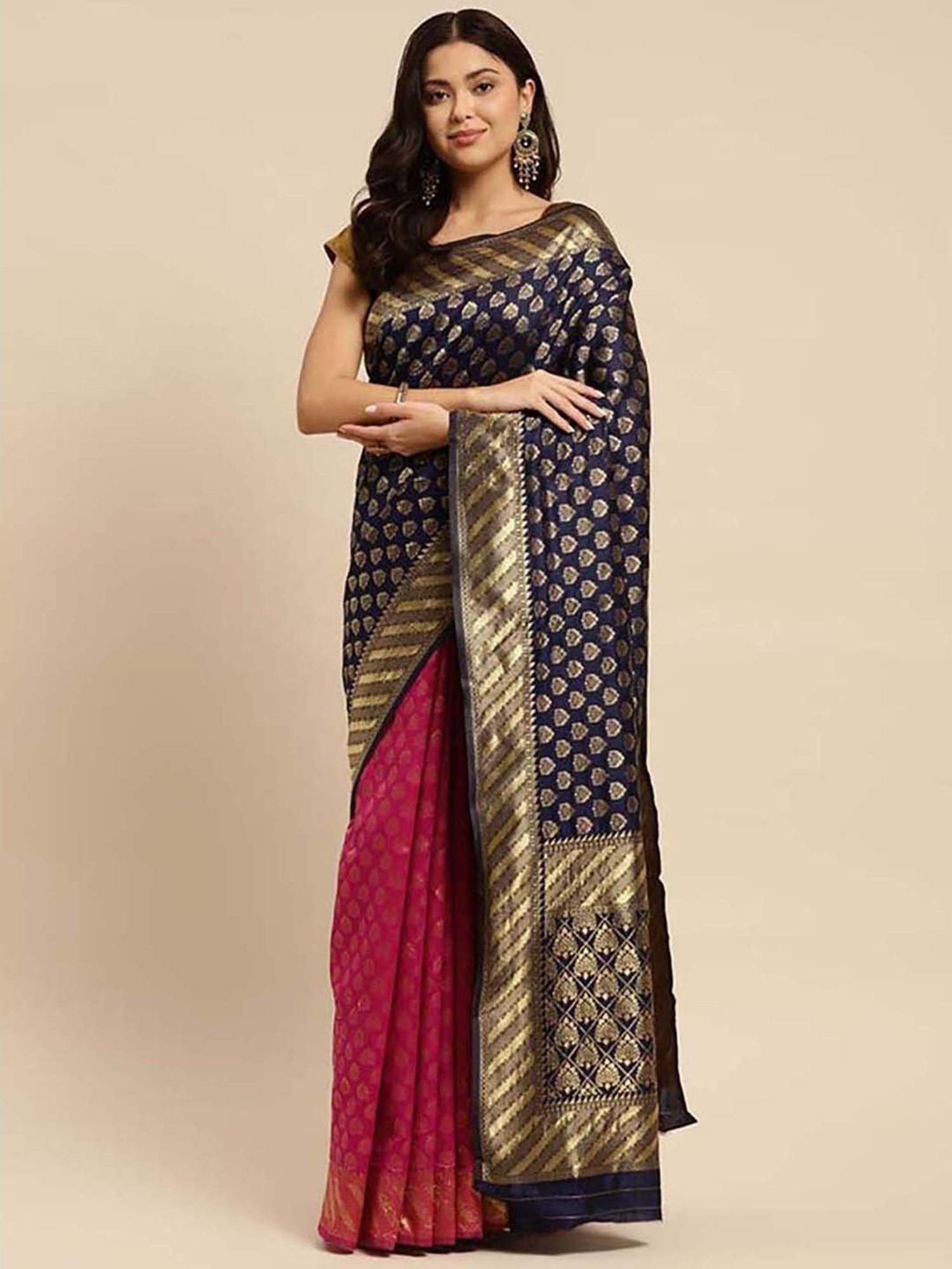Rangita Navy & Pink Woven Saree With Unstitched Blouse