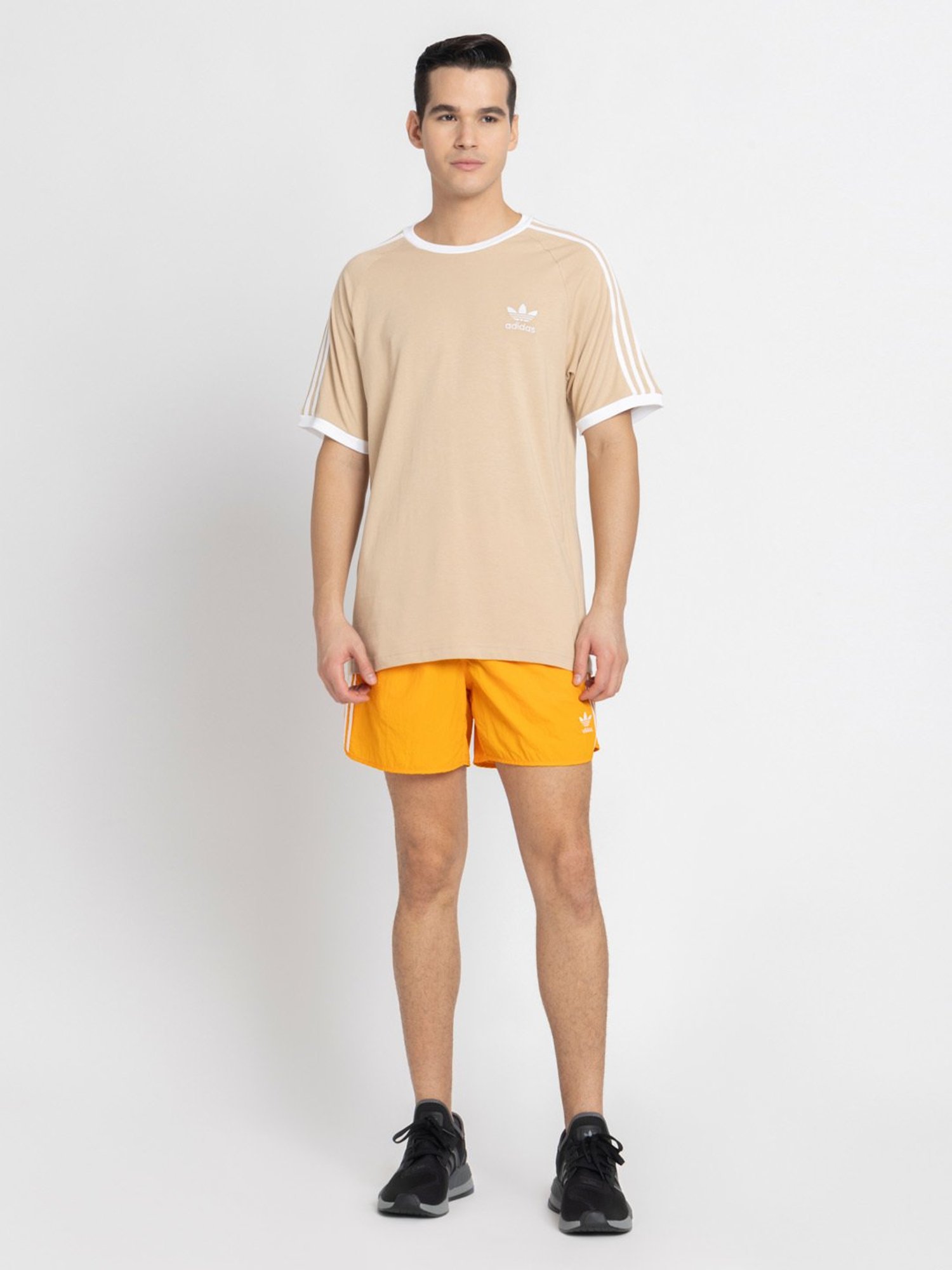 Adidas Beige 100% Cotton,100% Cotton Slim Stripes  T-Shirt