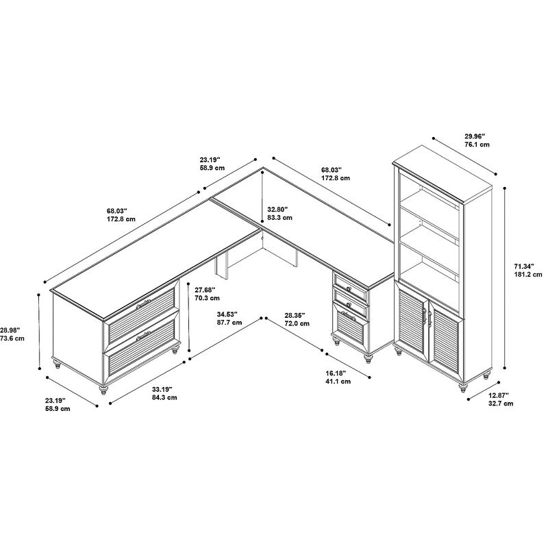 Office by kathy ireland 68Wx91D L Shaped Desk w/Bookcase & Pedestals Coastal Cherry ALA171CC