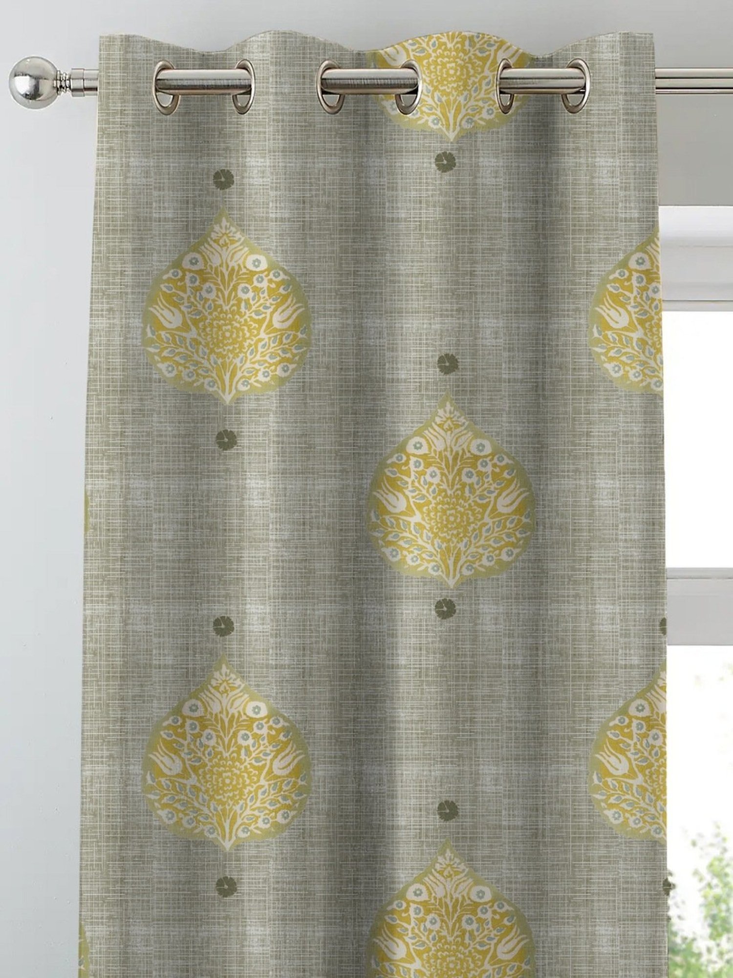 SPACES DRAPE STORY Elegent Grey & Yellow Polyester 8 FT Door Curtain - Set of 2