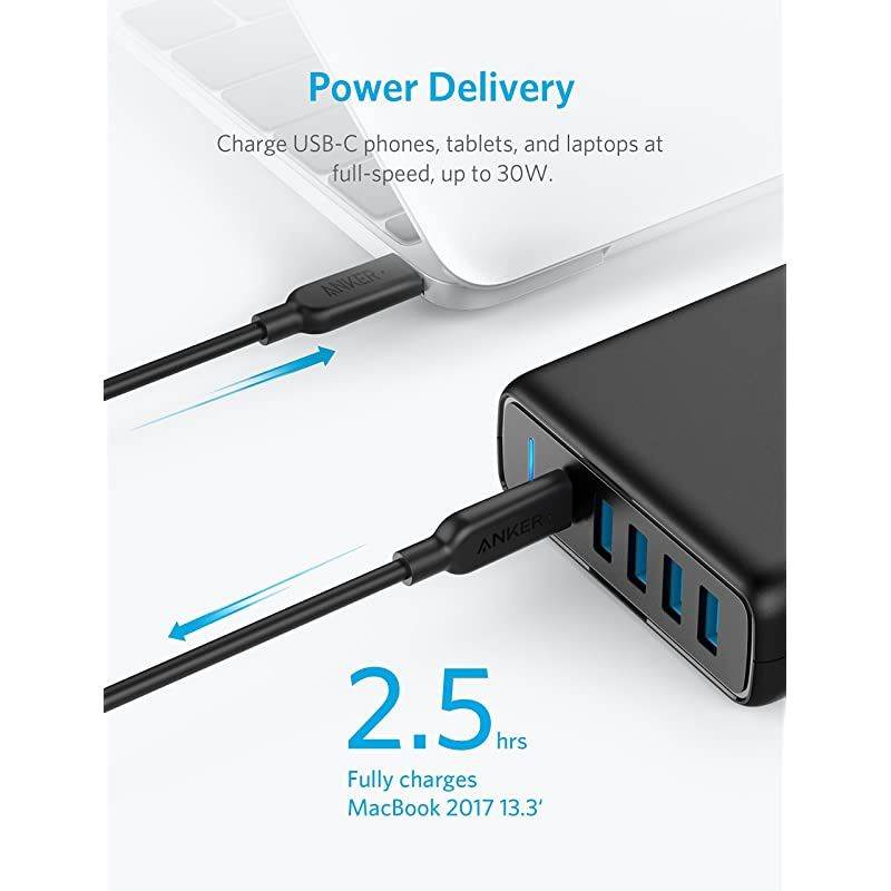USB C Wall Charger  Premium 60W 5Port Desktop Charger with One 30W Power Delivery Port for MacBook Air 2018 Ipad Pro 2018 S10 and 4 Poweriq Ports for iPhone XsMaxXRX8 S9S8 and More