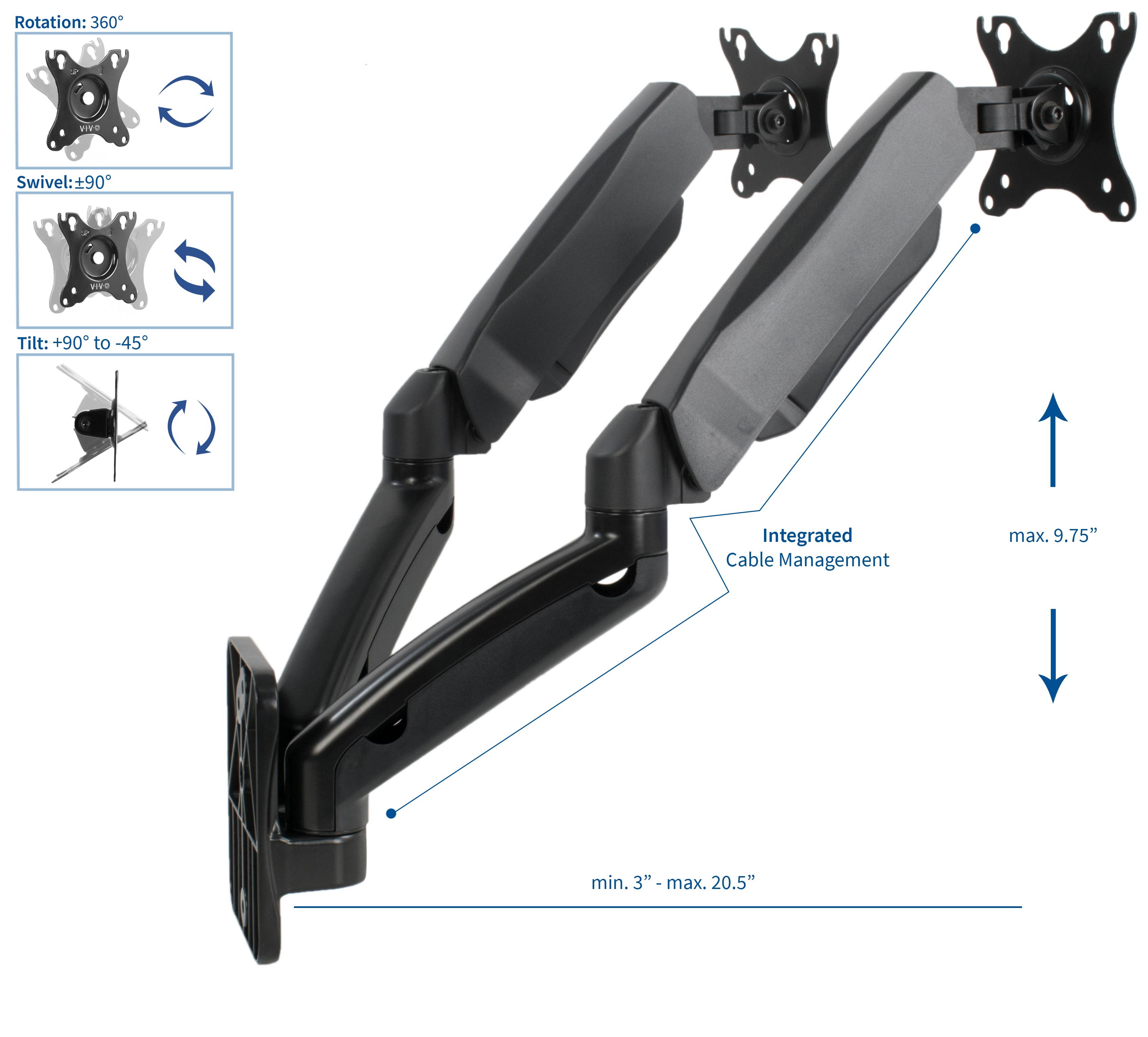 Black Gas Spring Extended Arm Full Motion Articulating Dual Monitor Wall Mount for 17" to 27" Screens