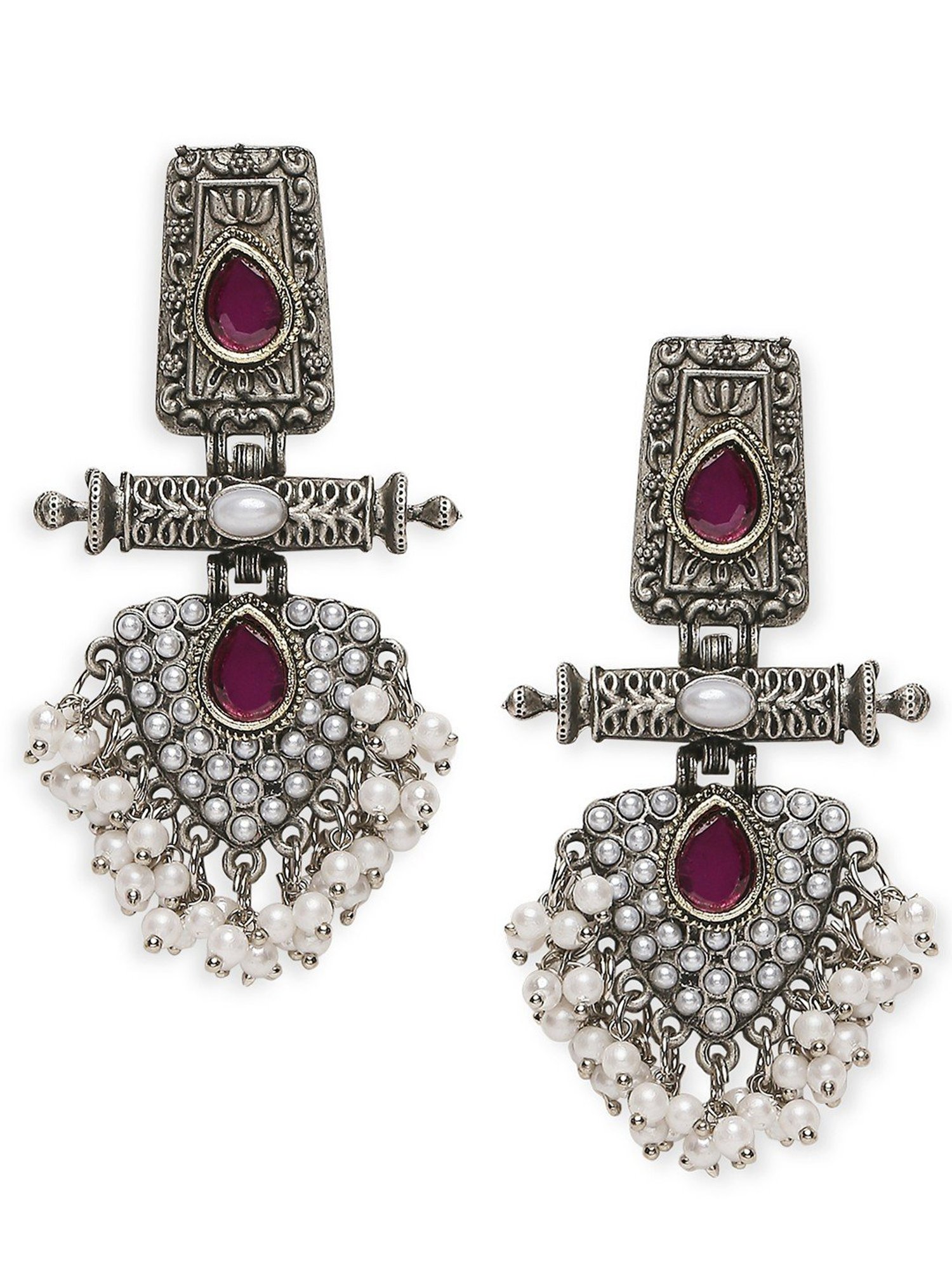 Oomph Oxidized Silver Ethnic Silver Look Alike Maroon Stones Pearls Dangler Earrings