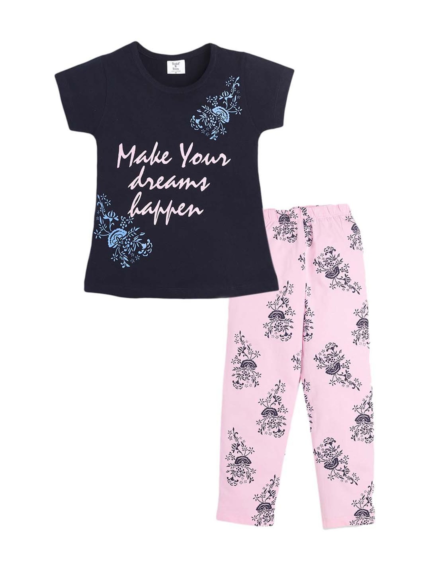 Todd N Teen Kids Navy & Pink Cotton Printed T-Shirt & Pyjamas