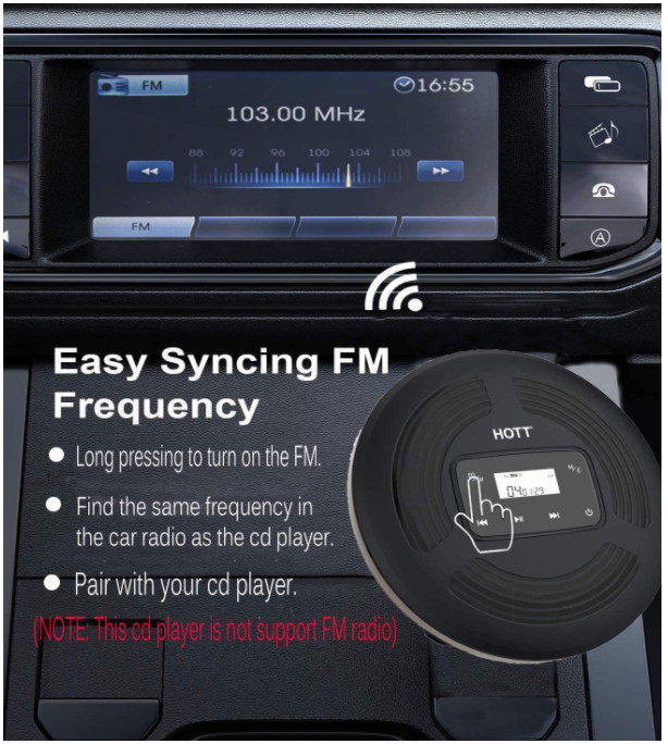 CD903TF Portable CD Player for Car Speakers with FM Transmitter Bluetooth Rechargeable Touch Button Backlight Display Black