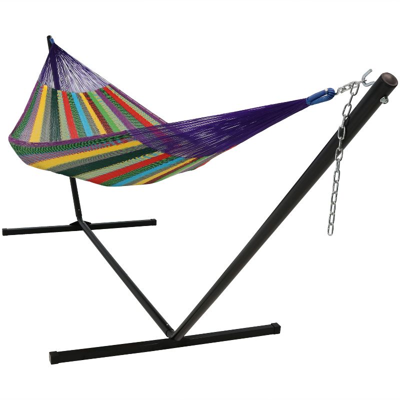 Hand-Woven Mayan Hammock and Stand Matrimonial Size - Red/Yellow/Blue - Sunnydaze Decor