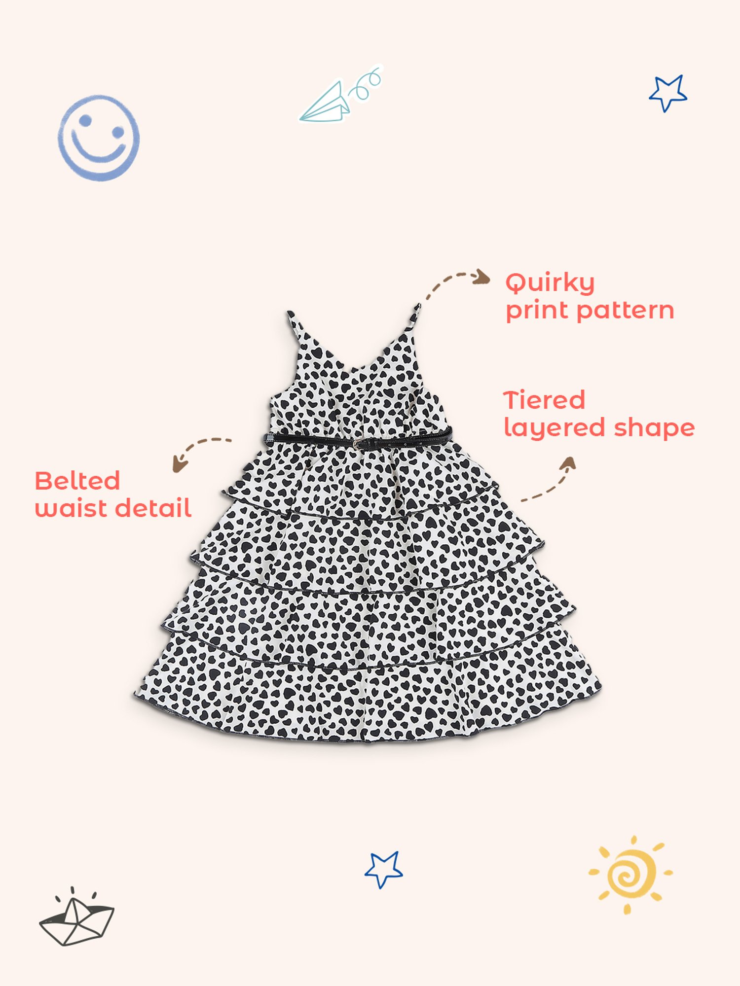 Nauti Nati Kids White & Black Printed Dress with Belt