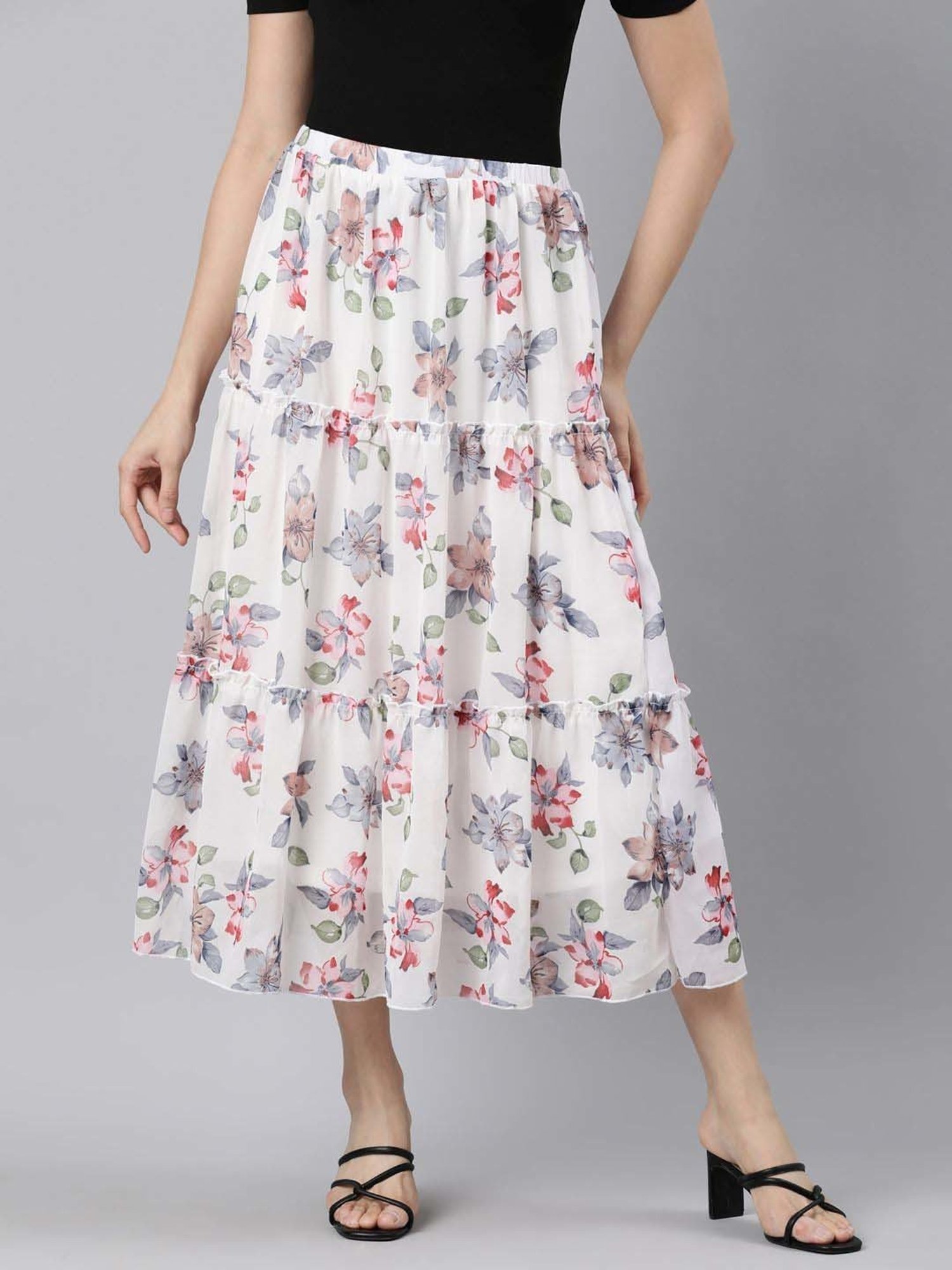 TWIN BIRDS White Floral Print A-Line Skirt