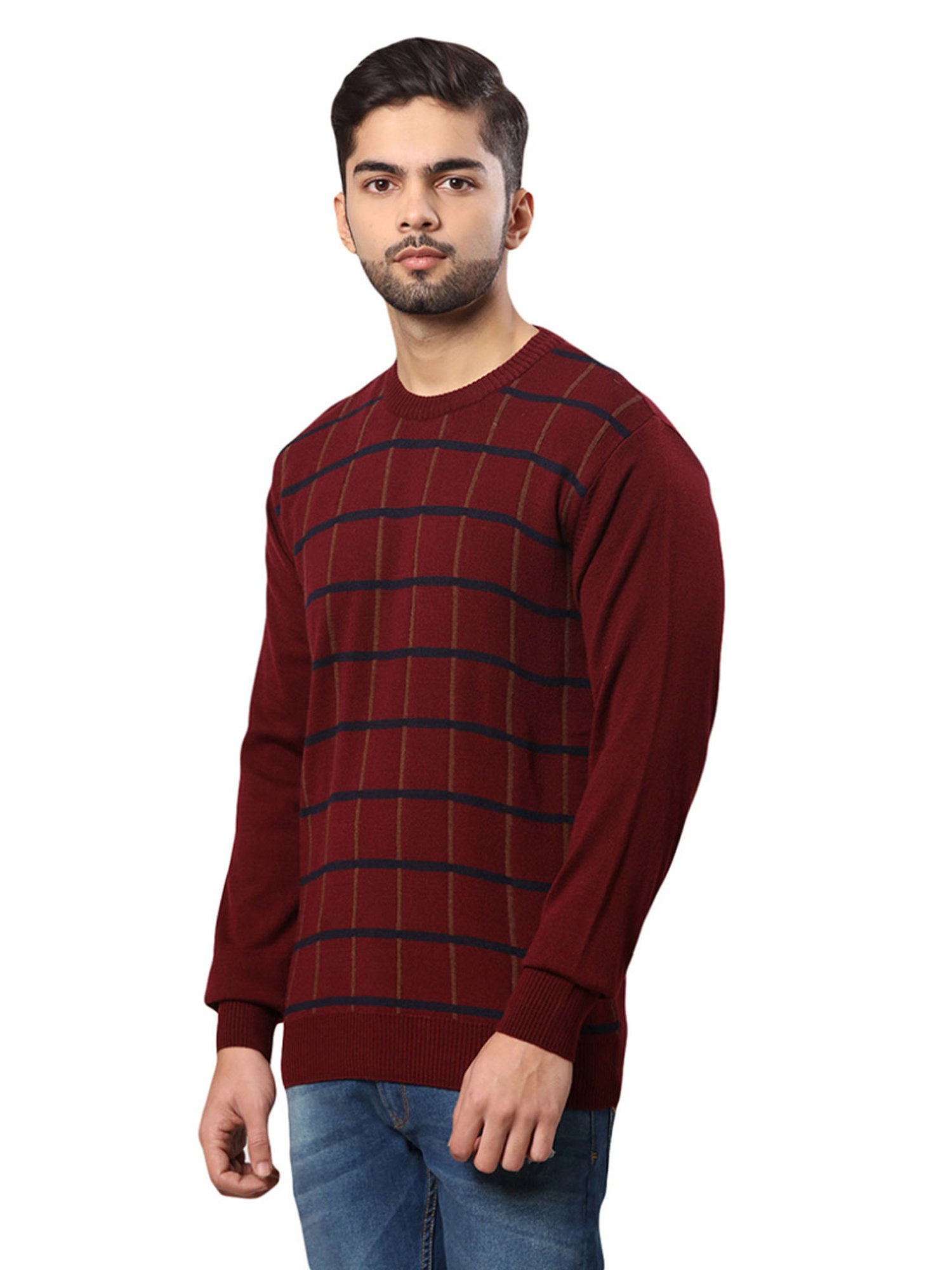 Raymond Maroon Regular Fit Checks Sweater