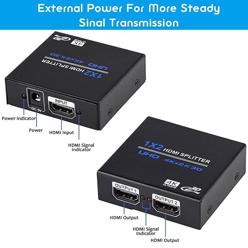 1x2 HDMI Splitter, 1 in 2 Out HDMI Splitter Audio Video Distributor Box Support 3D & 4K x 2K Compatible for HDTV, STB, DVD, Projector Etc
