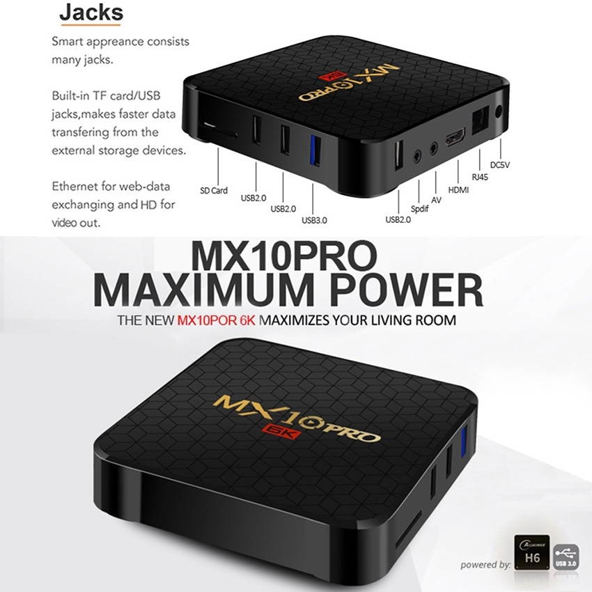 MX10 Pro 6K TV Box Android 9.0 Media Player wtih Remote Control, Allwinner H6 Quad Core 64-bit ARM