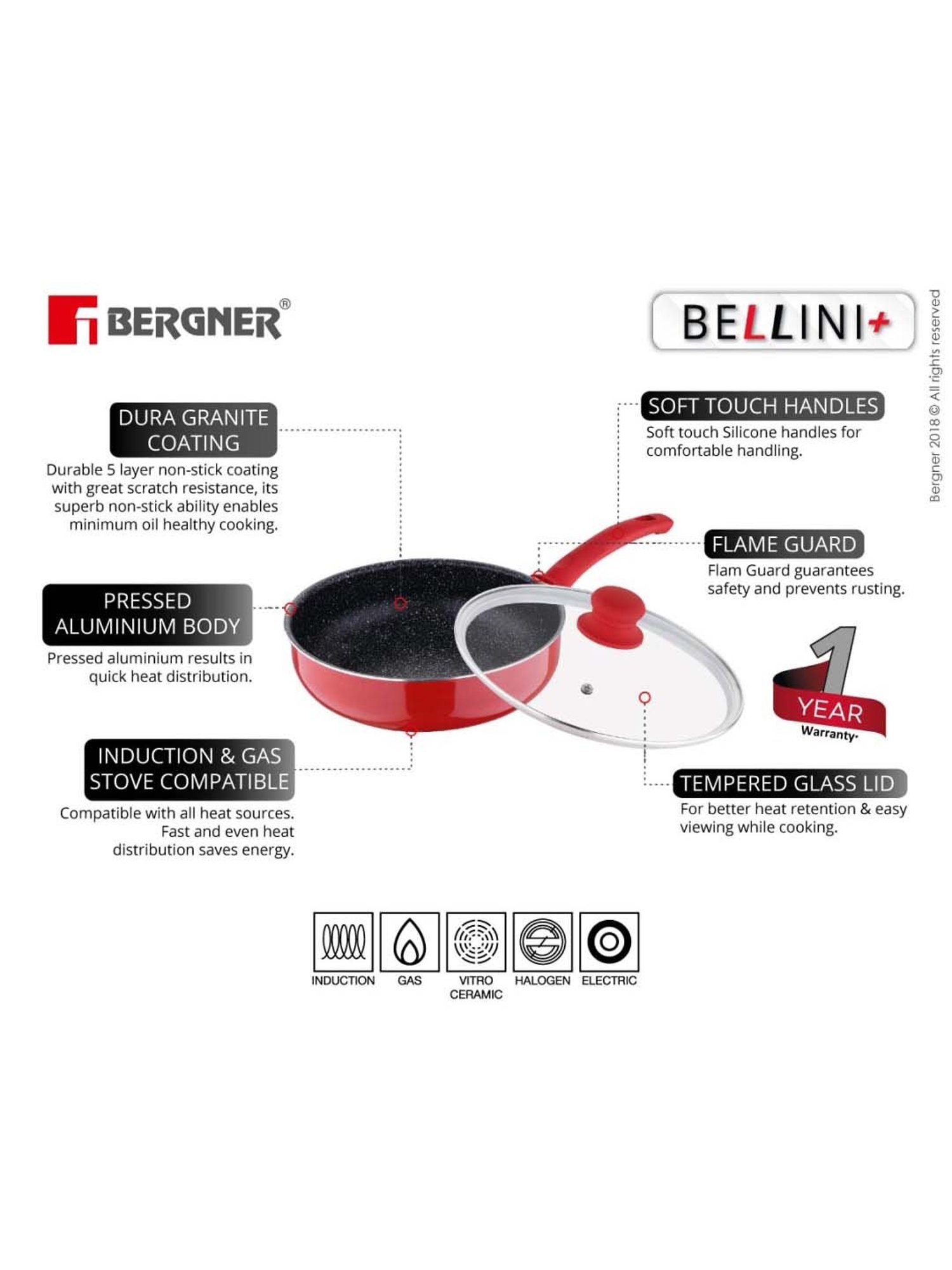 Bergner Bellini Plus Red Pressed Aluminium 24 cm Diameter Fry Pan With Lid (1.8 L) - Set of 1