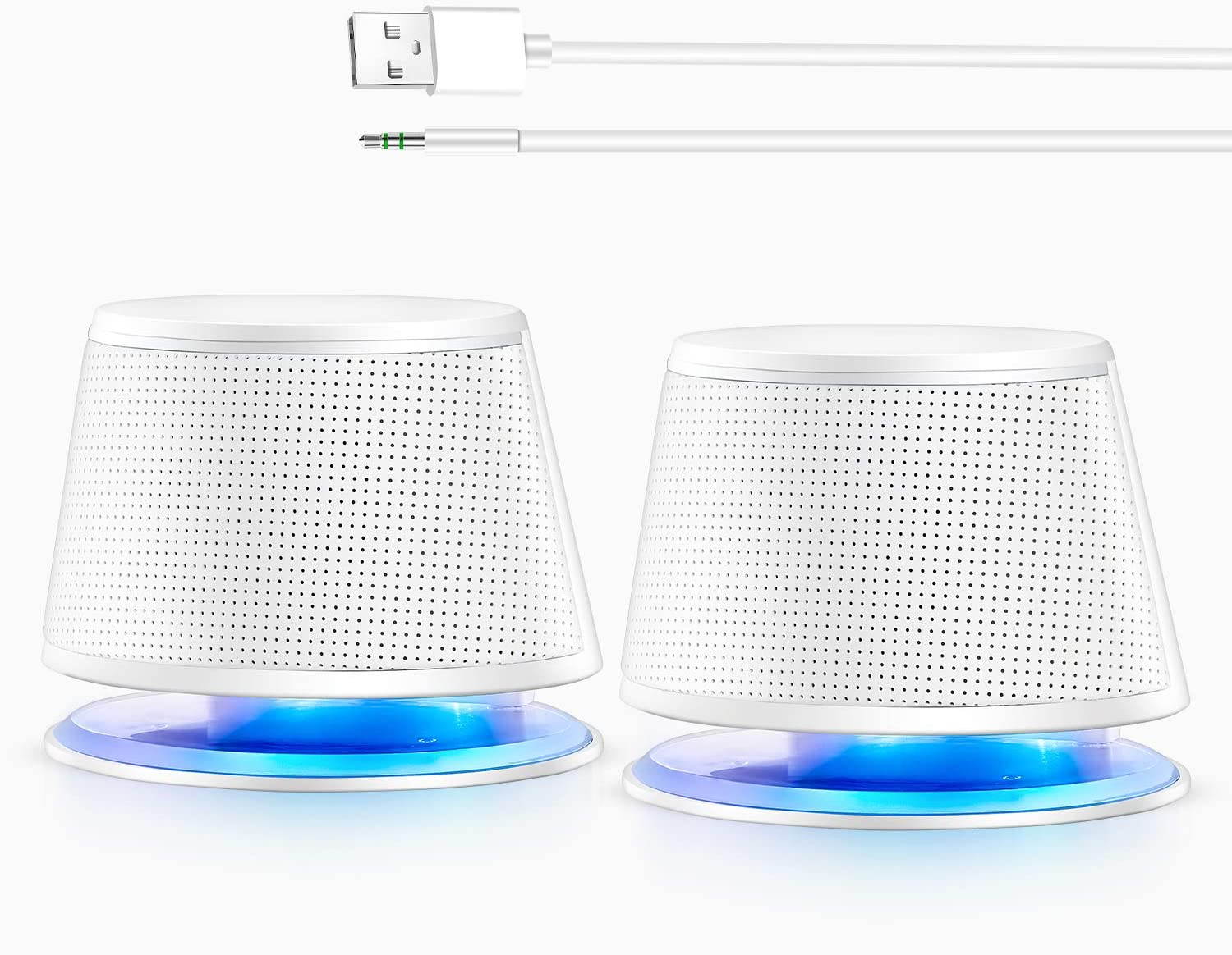 Computer Speakers, 5Wx2, Deep Bass in Small Body, Stereo 2.0 USB Powered 3.5mm Aux Multimedia Speakers, Built-in Bottom Bass Radiators, PC Laptop Desktop Speakers, White
