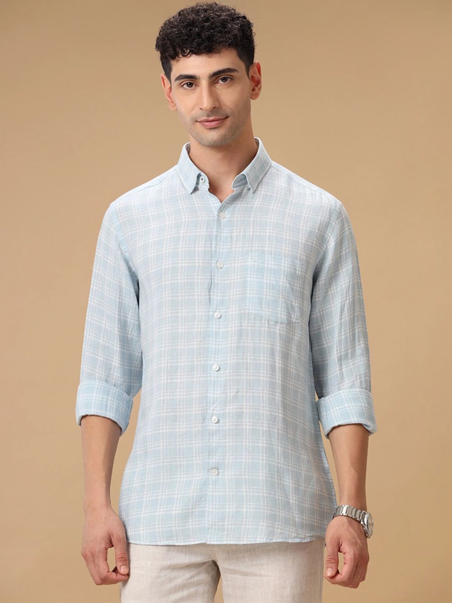Linen Club Blue Linen Contemporary Fit Checks Shirt